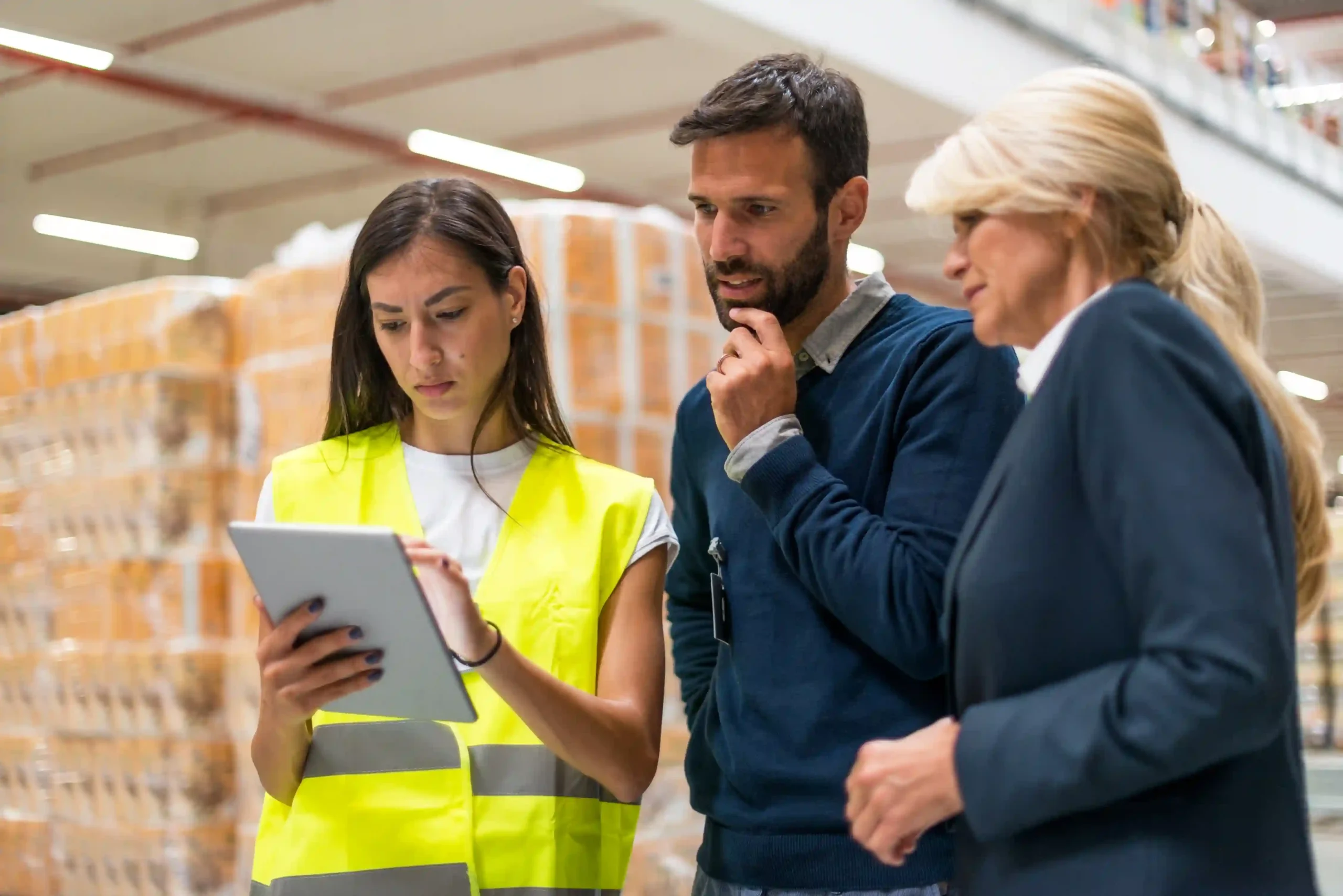 A warehouse manager and logistics professionals analyzing supply chain data on a tablet, optimizing operations with innovative logistics services tracking.