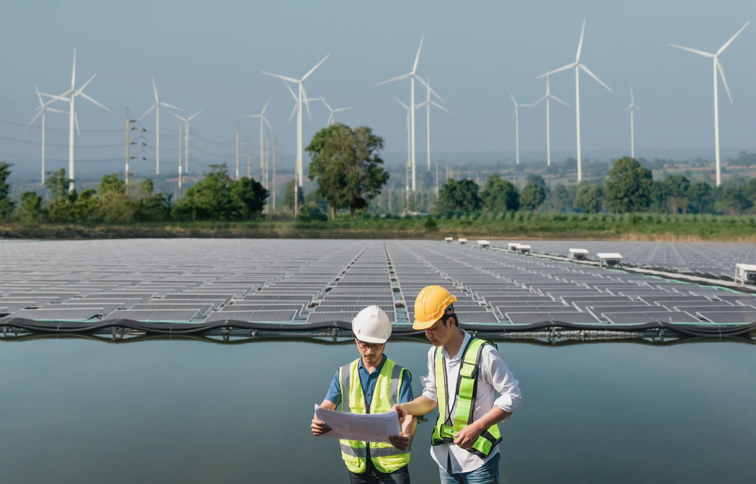 Service engineers inspecting floating solar panels with wind turbines in the background, showcasing renewable energy in transport sector innovations.