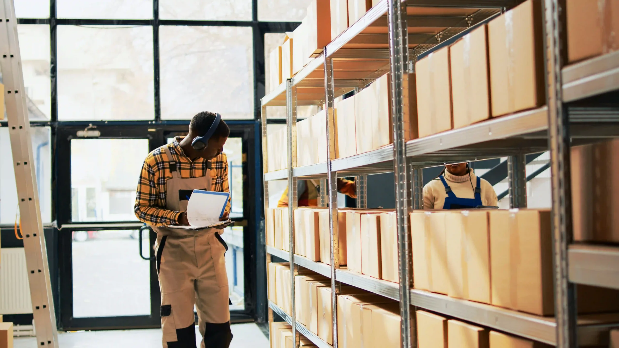 A warehouse worker happily performing inventory tasks, reflecting an efficient workplace utilizing FTZ inventory management best practices.