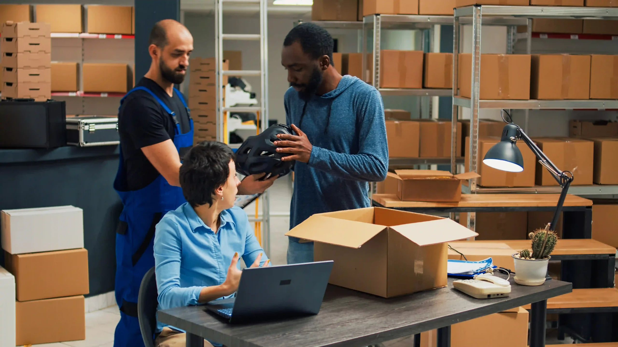 A team of warehouse employees packaging and inspecting merchandise, enhancing efficiency with innovative logistics services tracking.