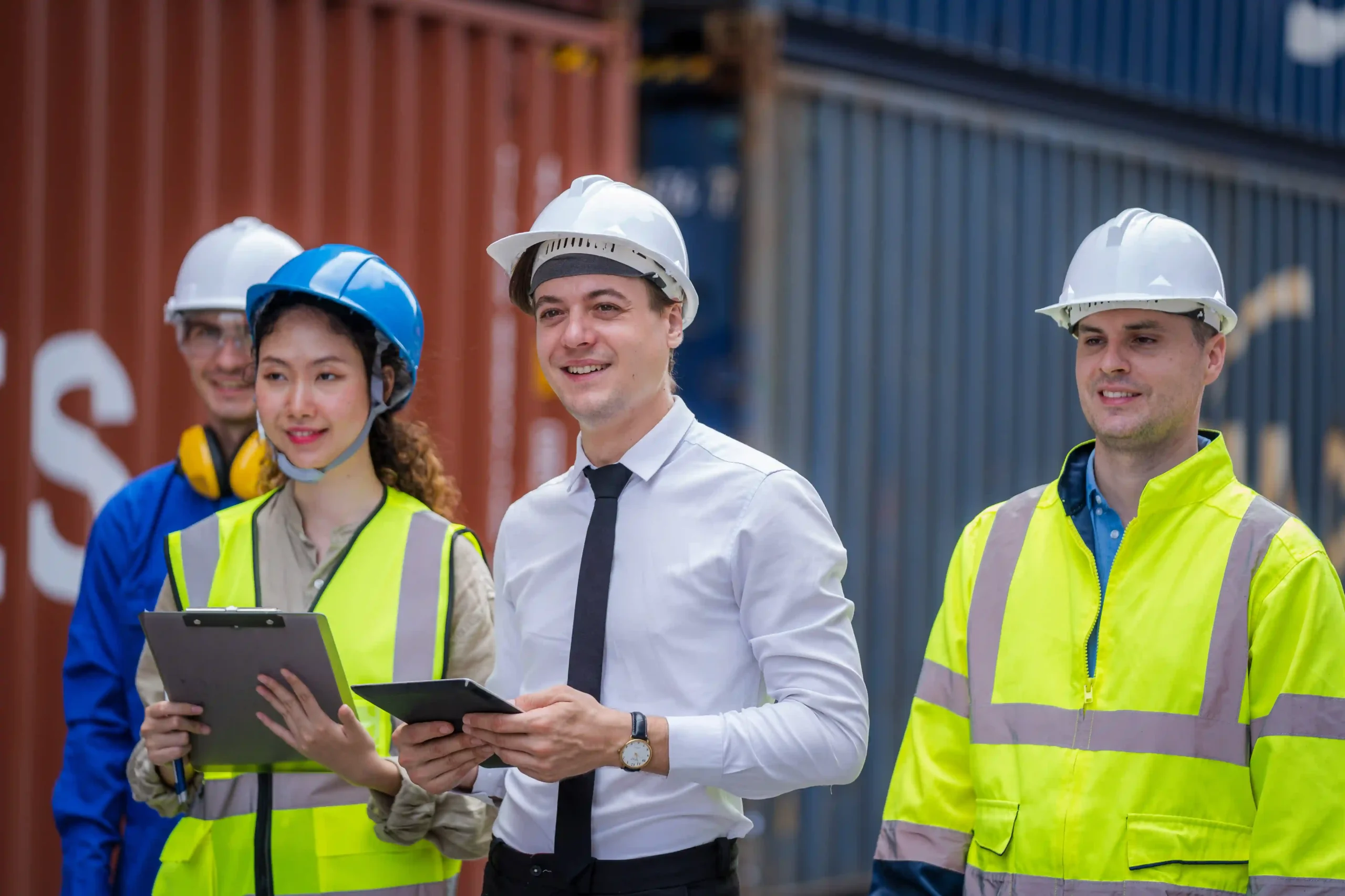 Business professionals in safety gear analyzing reports at a logistics hub, highlighting the importance of custom report design.