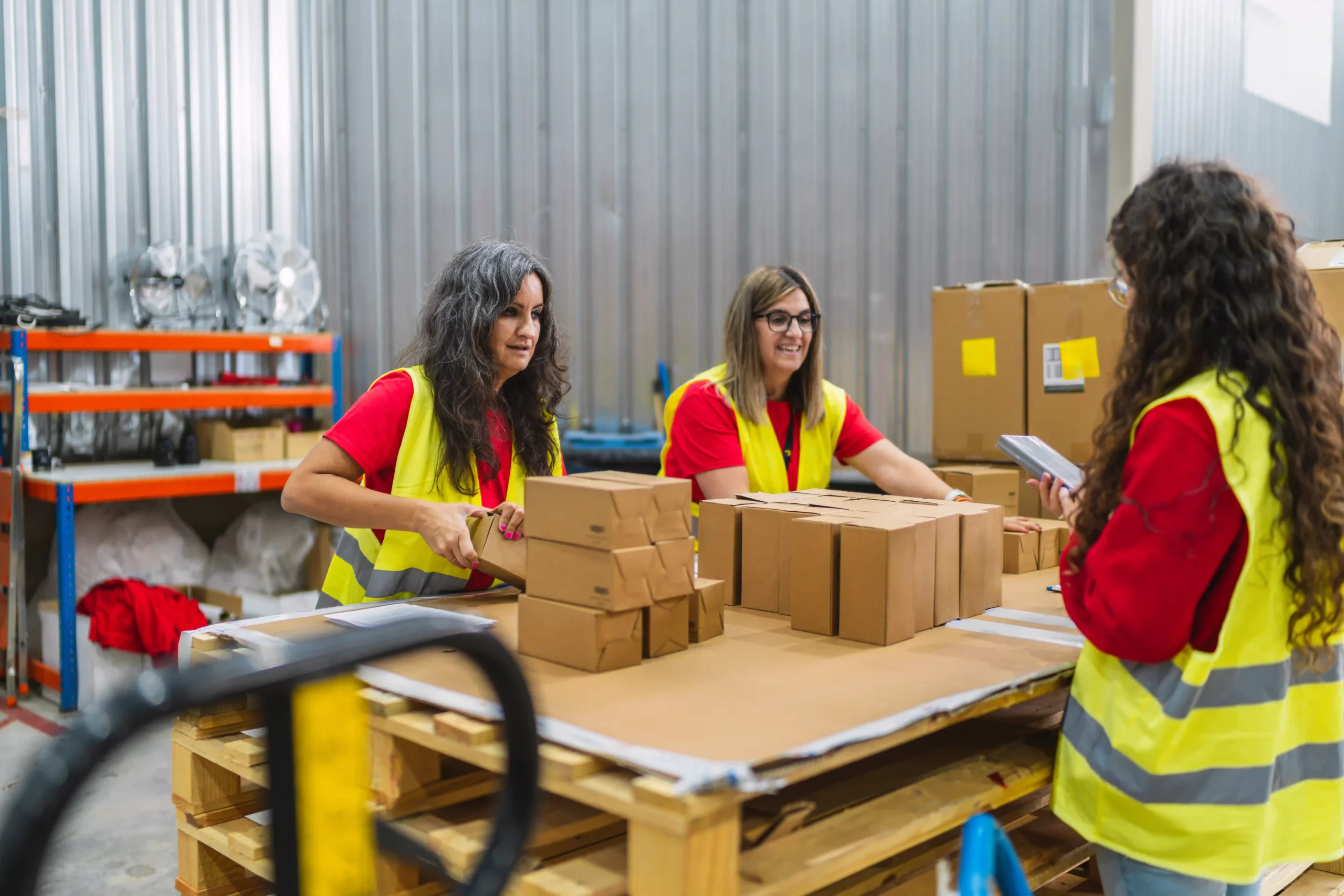 Warehouse employees at a third-party logistics 3PL services provider packing and preparing shipments for delivery.