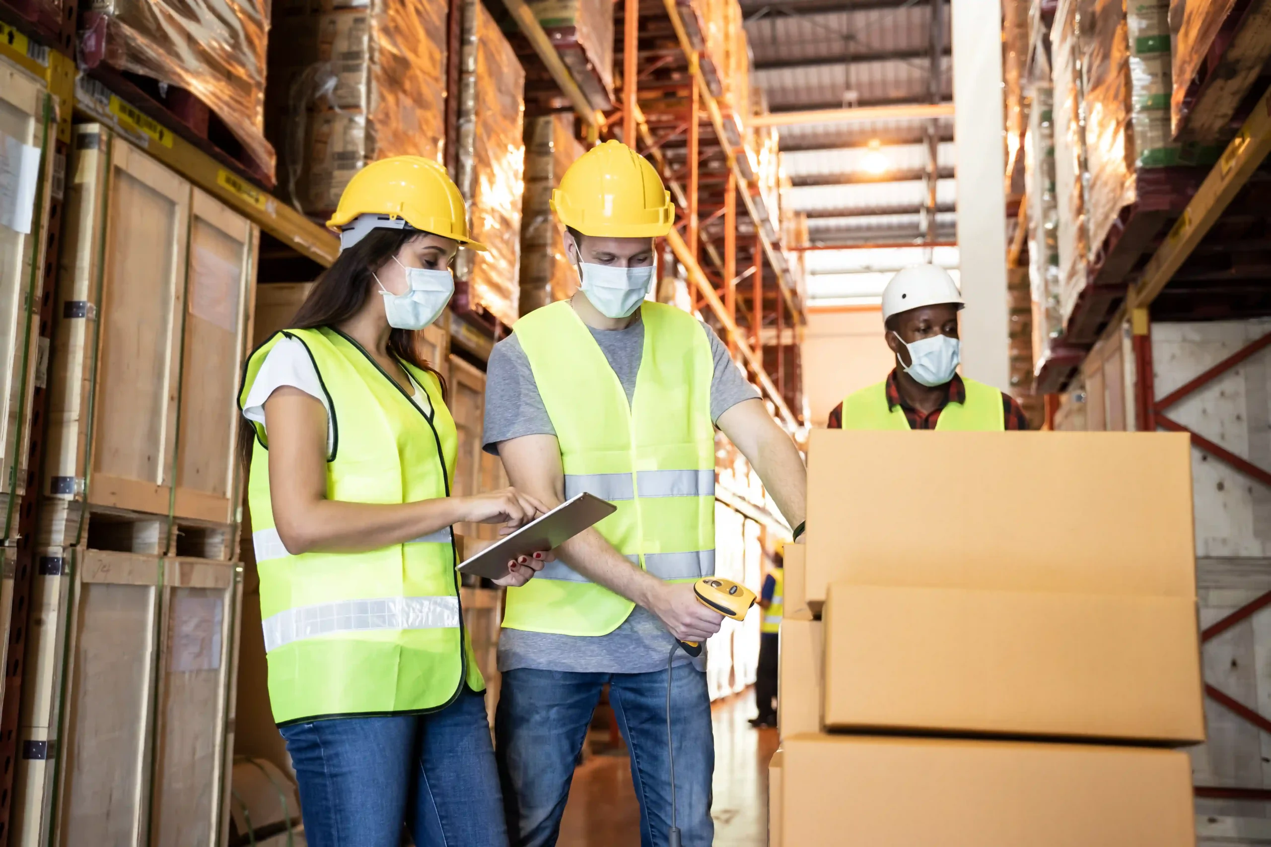 Warehouse managers discussing inventory tracking using digital tools, highlighting supply chain optimization meaning through technology integration.
