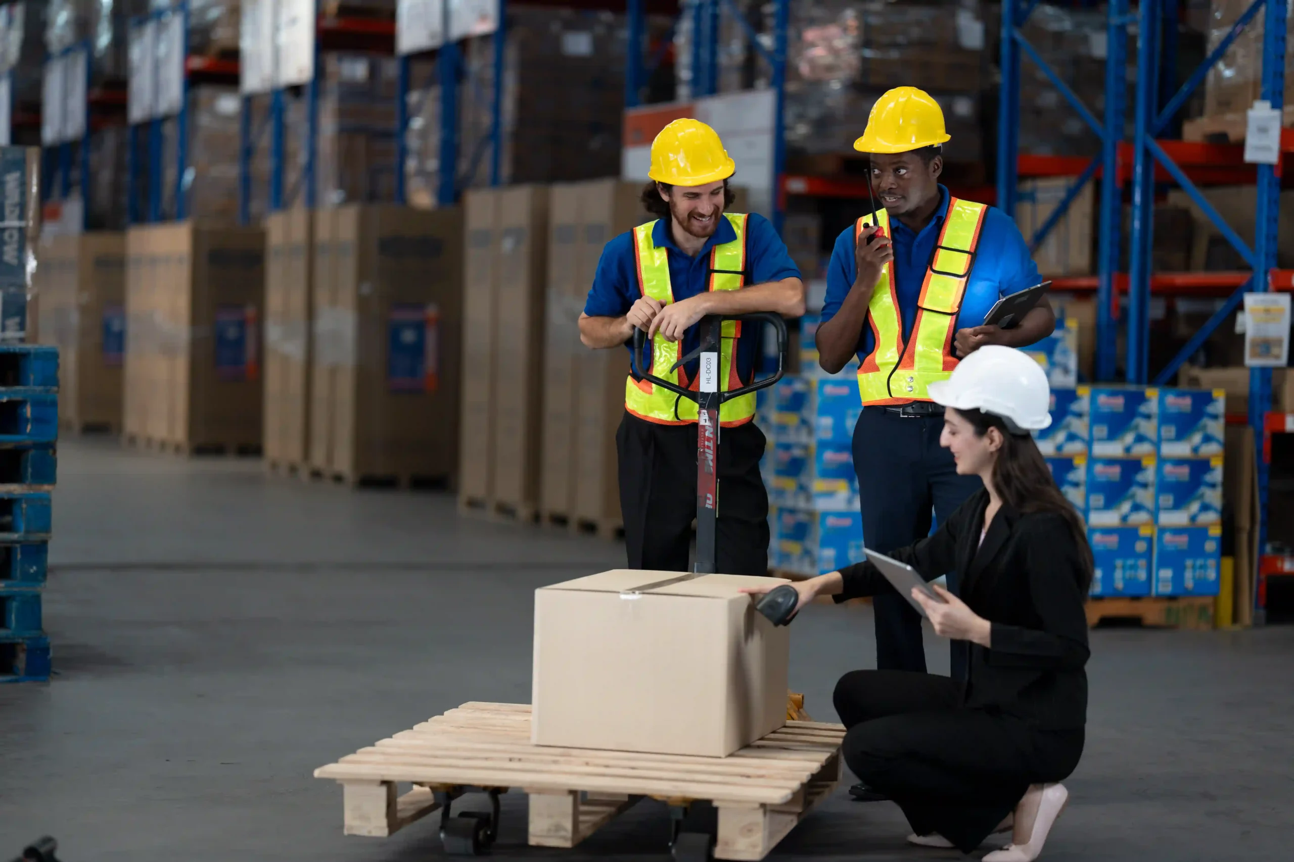Team of logistics engineers scanning packages and coordinating cross docking operations in a warehouse environment, showcasing how cross docking is most closely related to real-time inventory tracking.