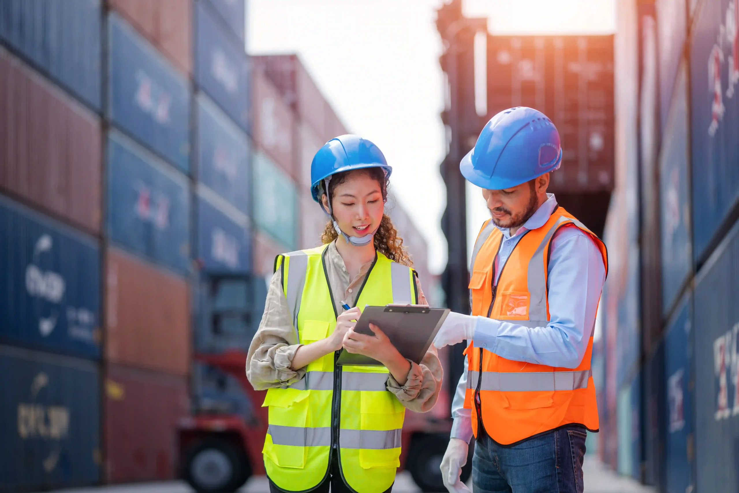 Logistics professionals reviewing shipping plans in a third party logistics hub