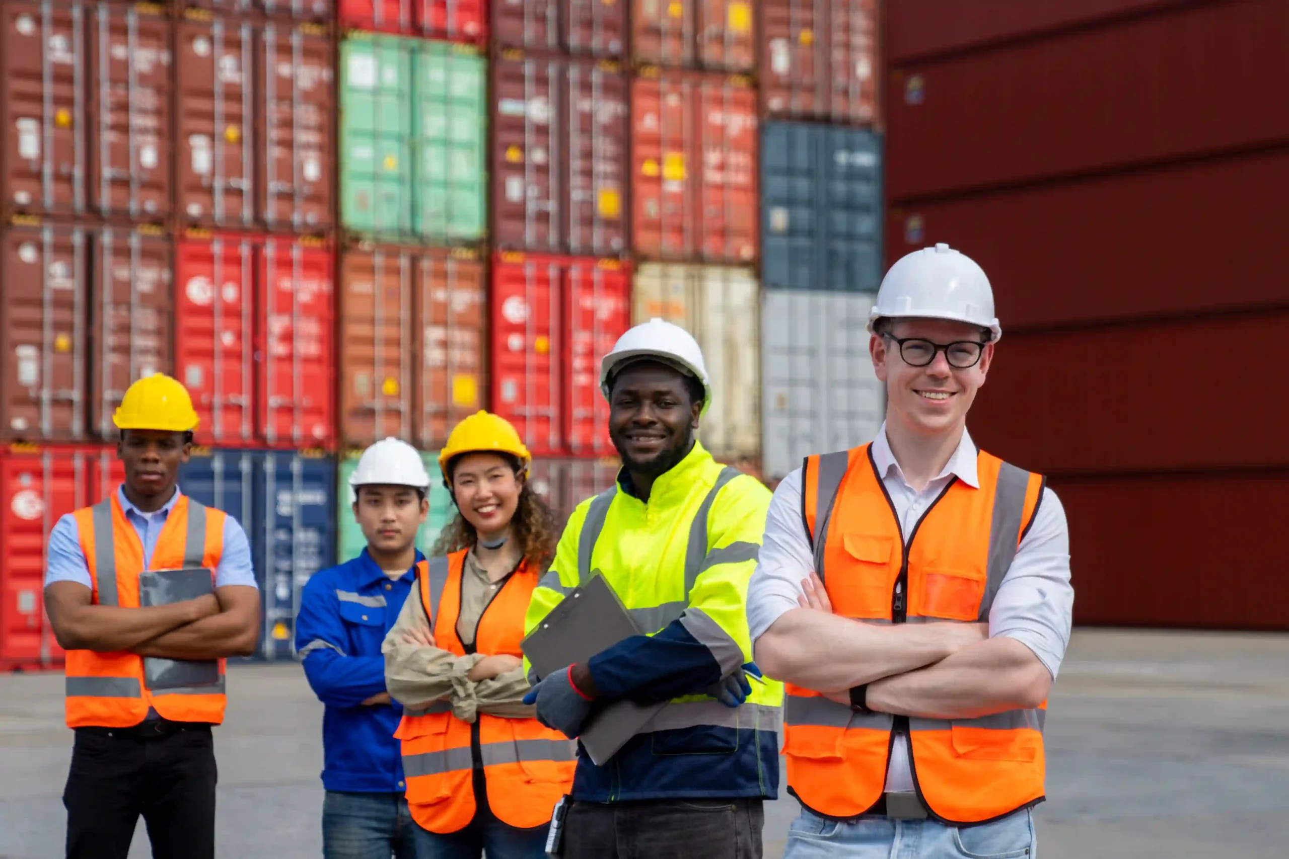 Certified logistics team standing in front of containers representing global trade compliance certification readiness