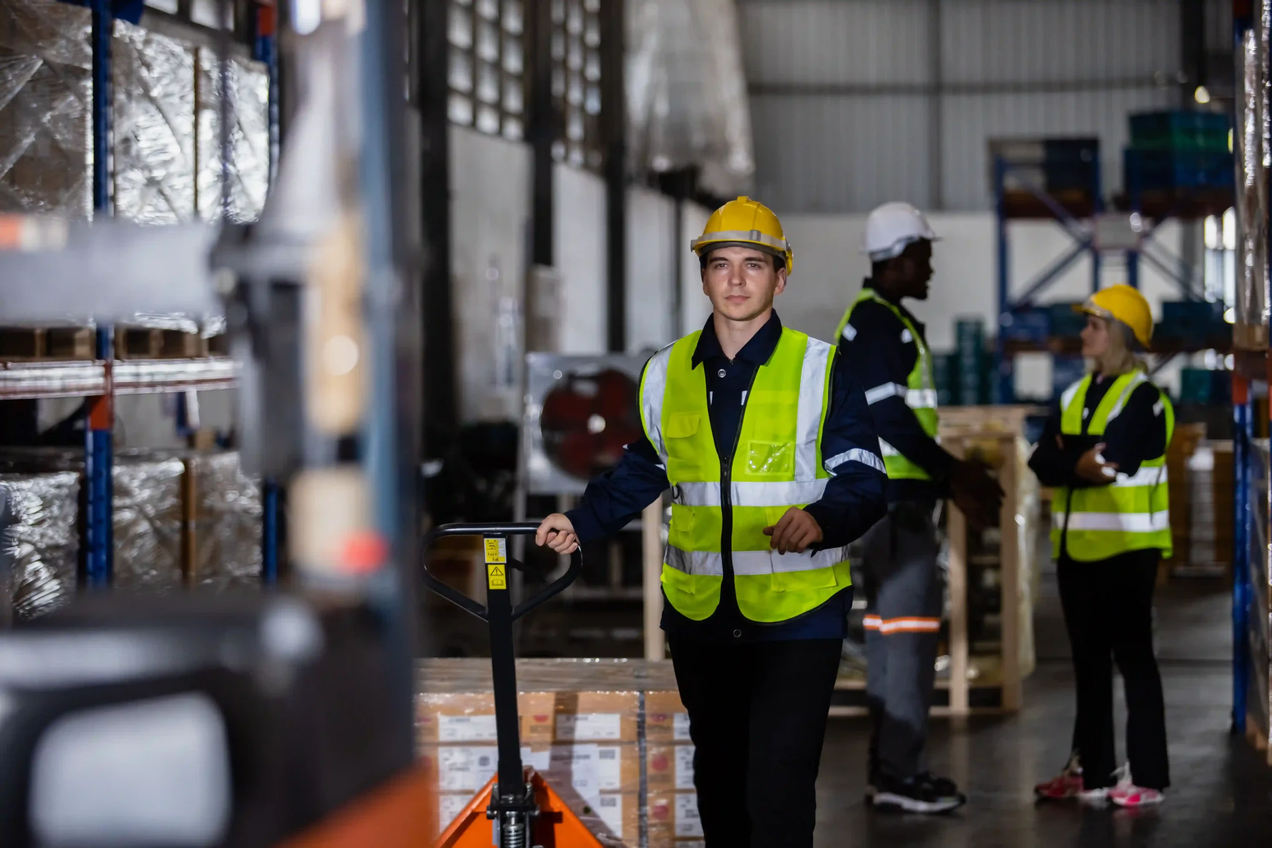 Worker moves goods through aisle inside global industrial warehouse locations
