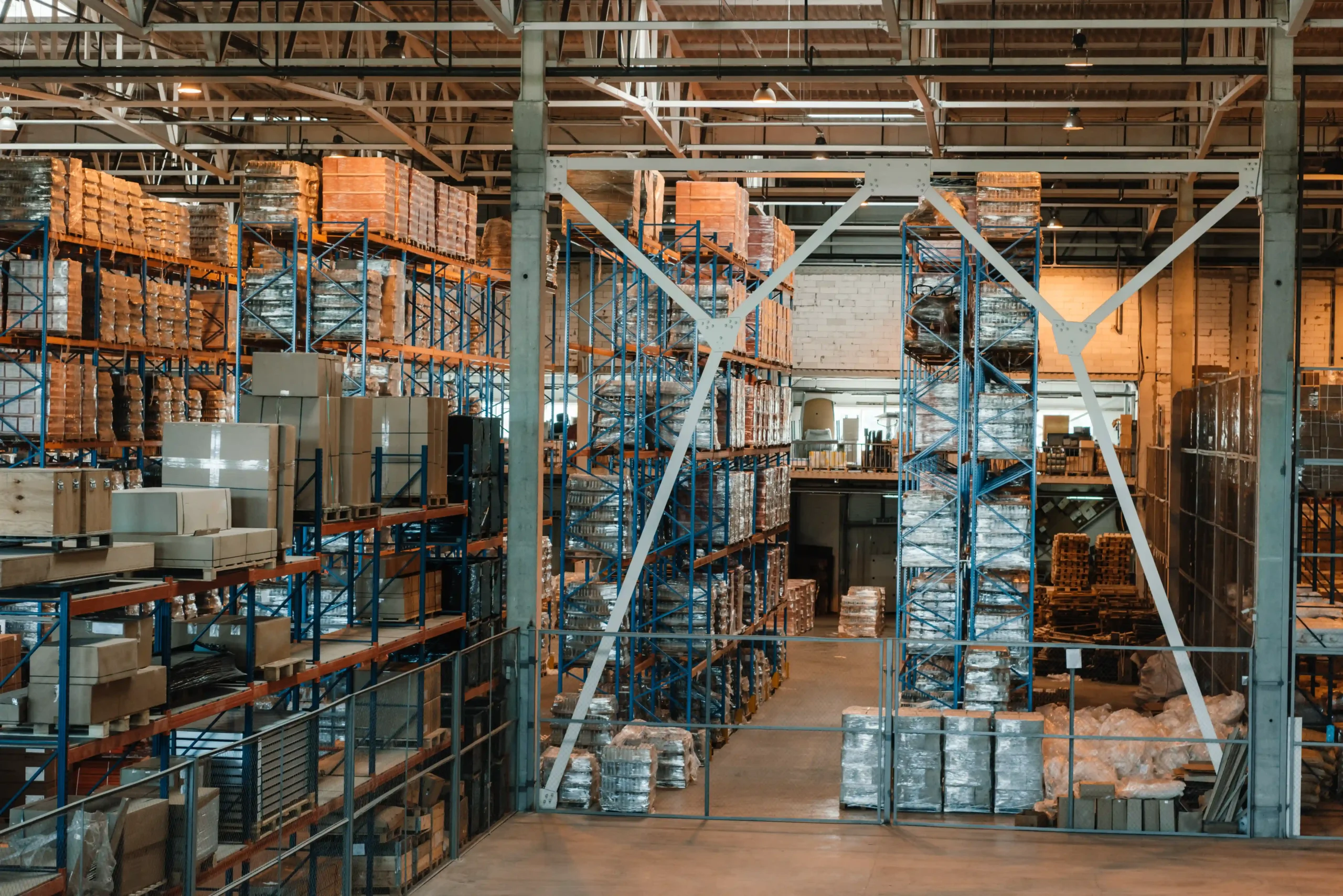 A large FTZ in USA warehouse with tall inventory racks and stacked pallets for distribution.