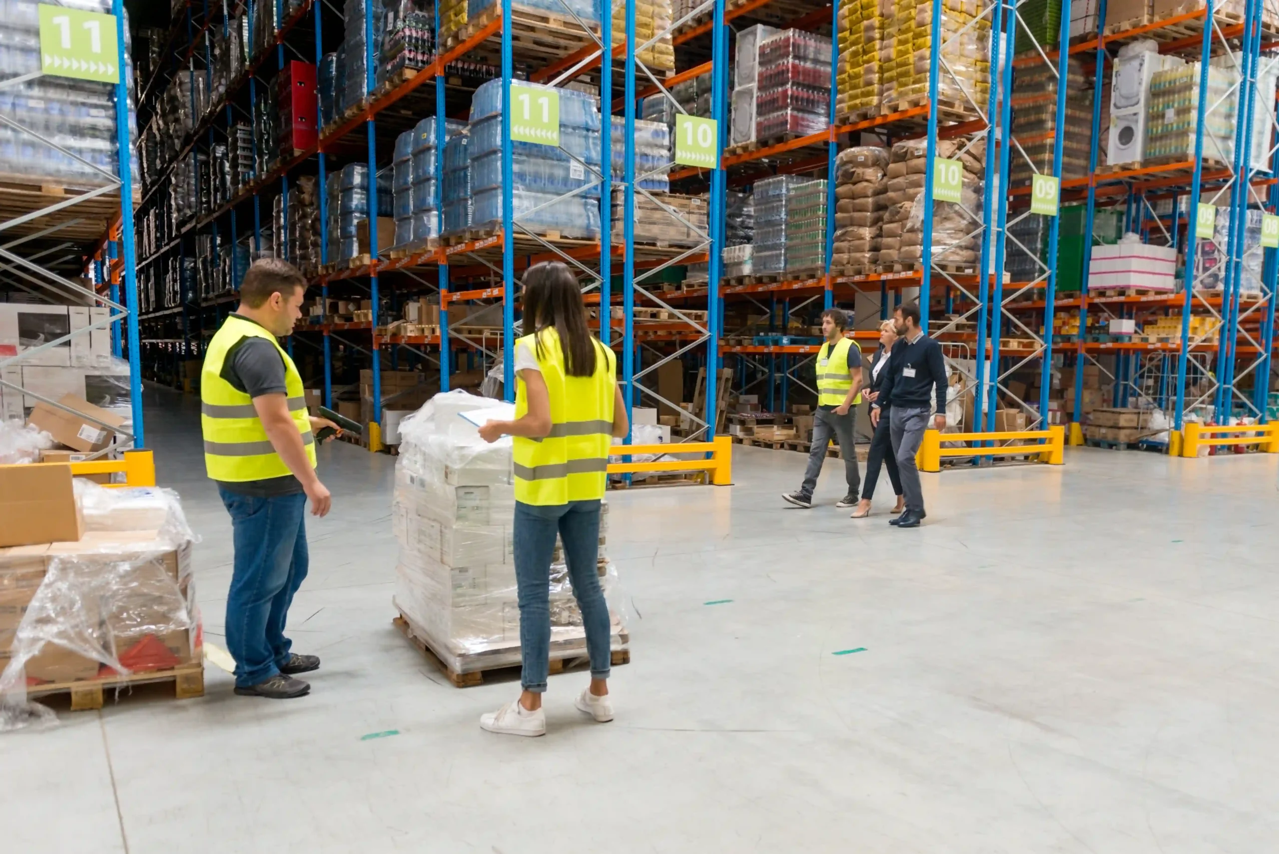 Staff members in high-visibility vests inspecting inventory inside an FTZ in USA warehouse facility.