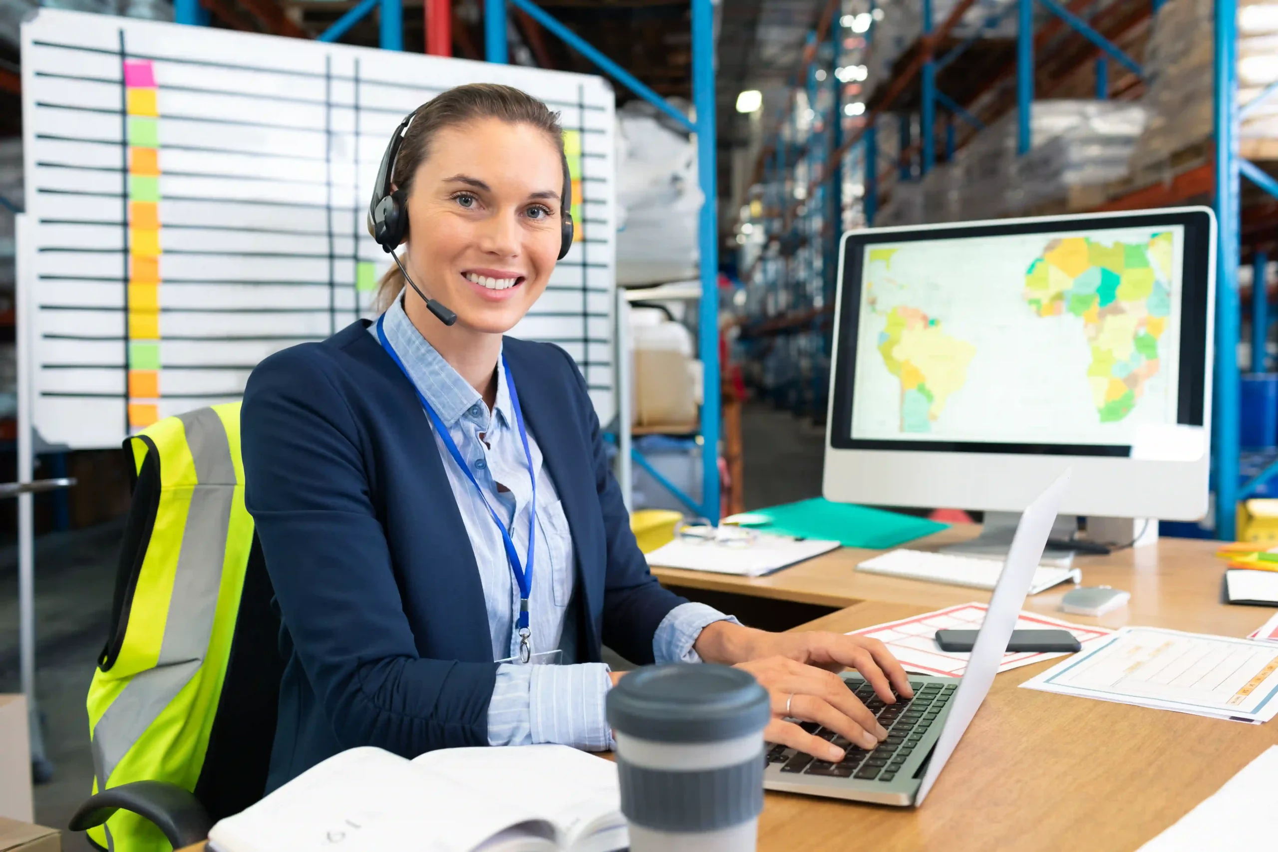 Smiling warehouse manager overseeing 3PL customer service operations