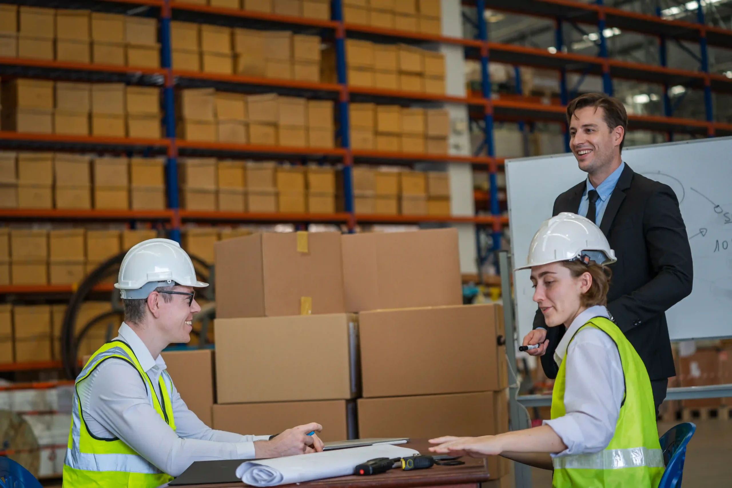Logistics 3PL company professionals reviewing operational plans inside a busy warehouse
