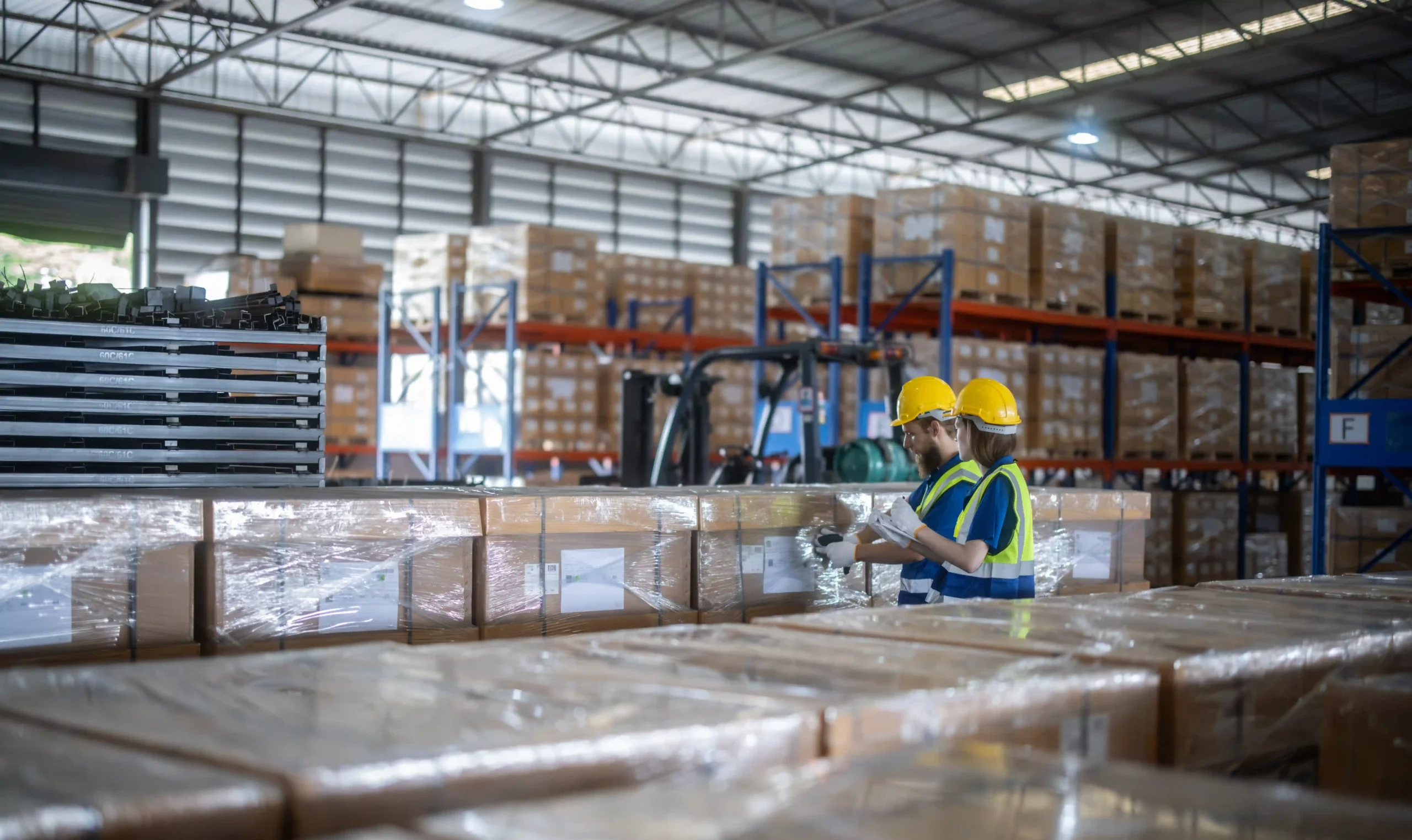 Employees checking order accuracy at global industrial warehouse locations