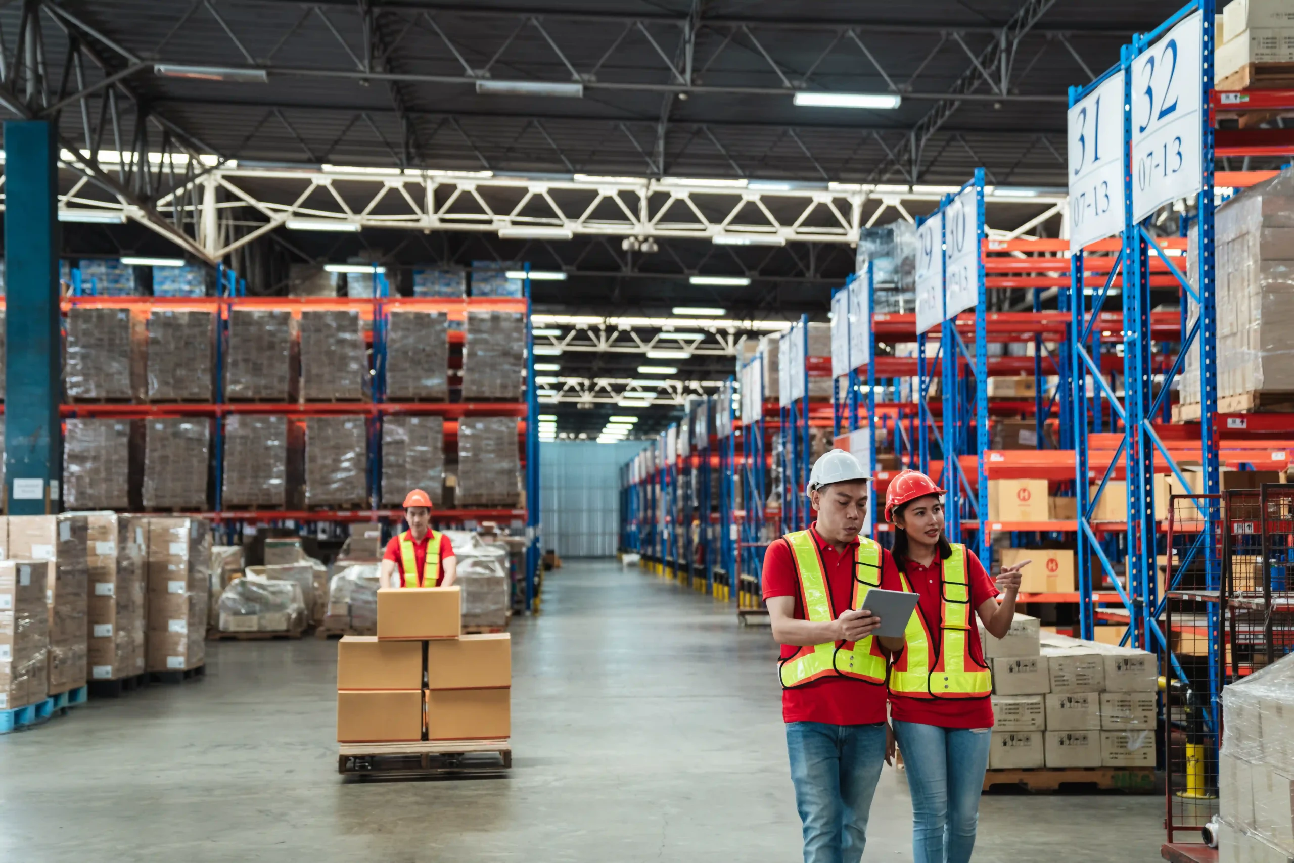 Workers walking through a large warehouse checking inventory details, illustrating warehousing logistics meaning in action