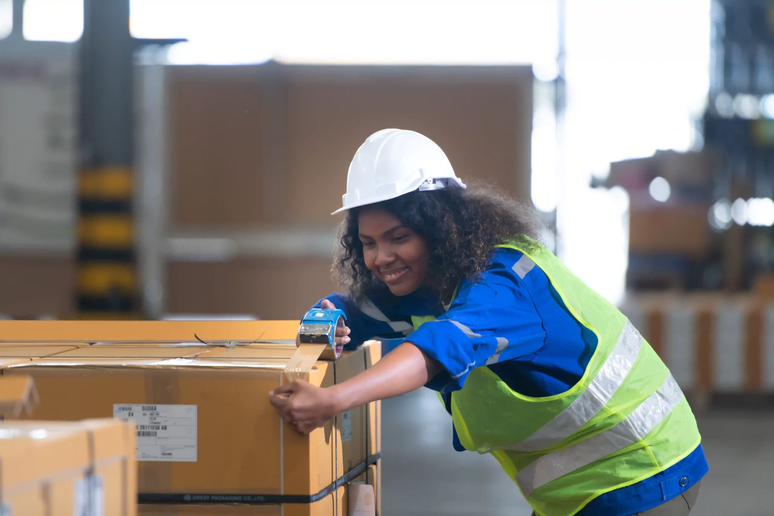 Worker securely packs goods in global industrial warehouse locations for outbound delivery