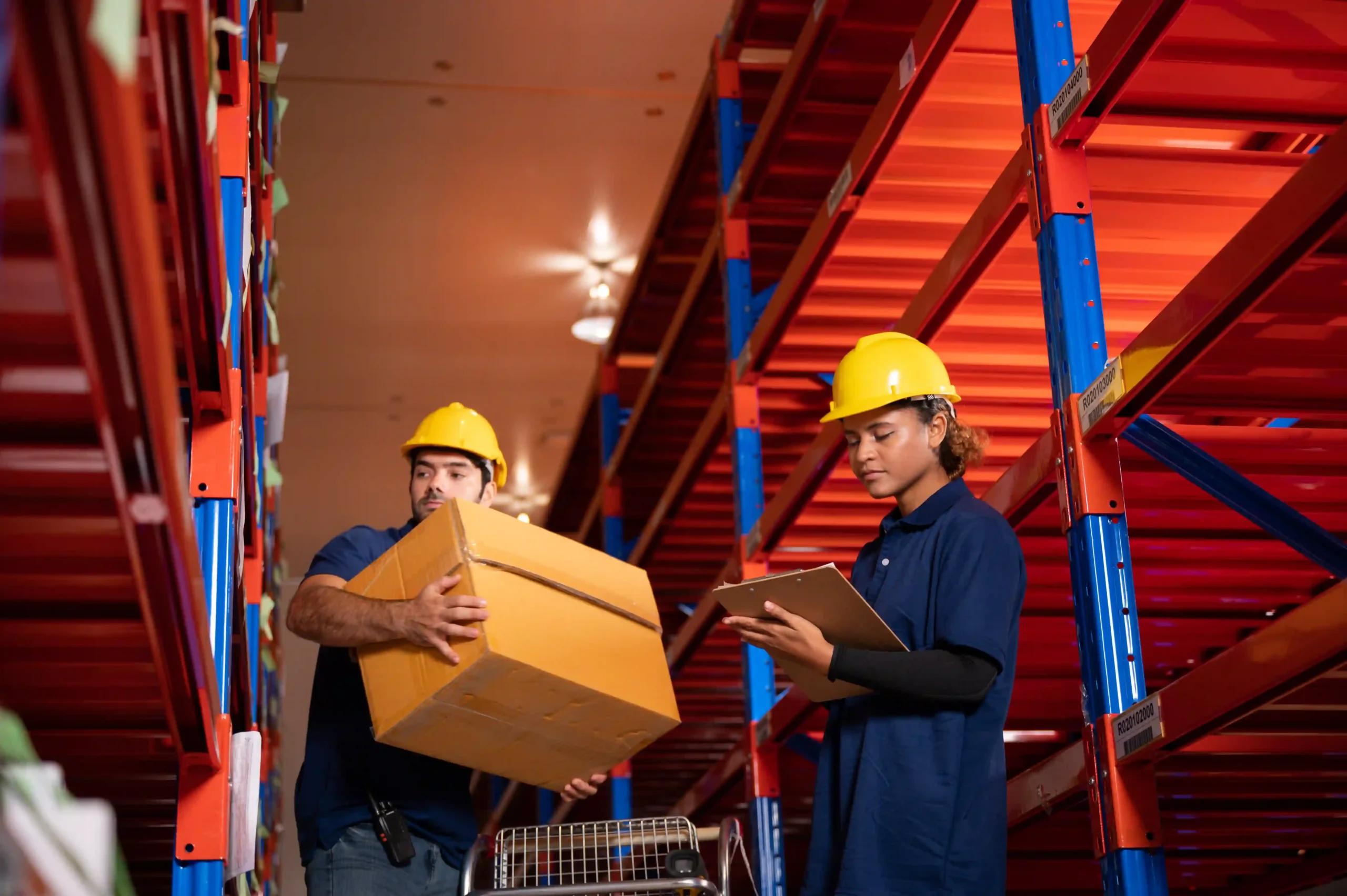 A warehouse worker placing a box on a labeled rack while another team member checks inventory using a clipboard, demonstrating effective labeling racks in warehouse operations.
