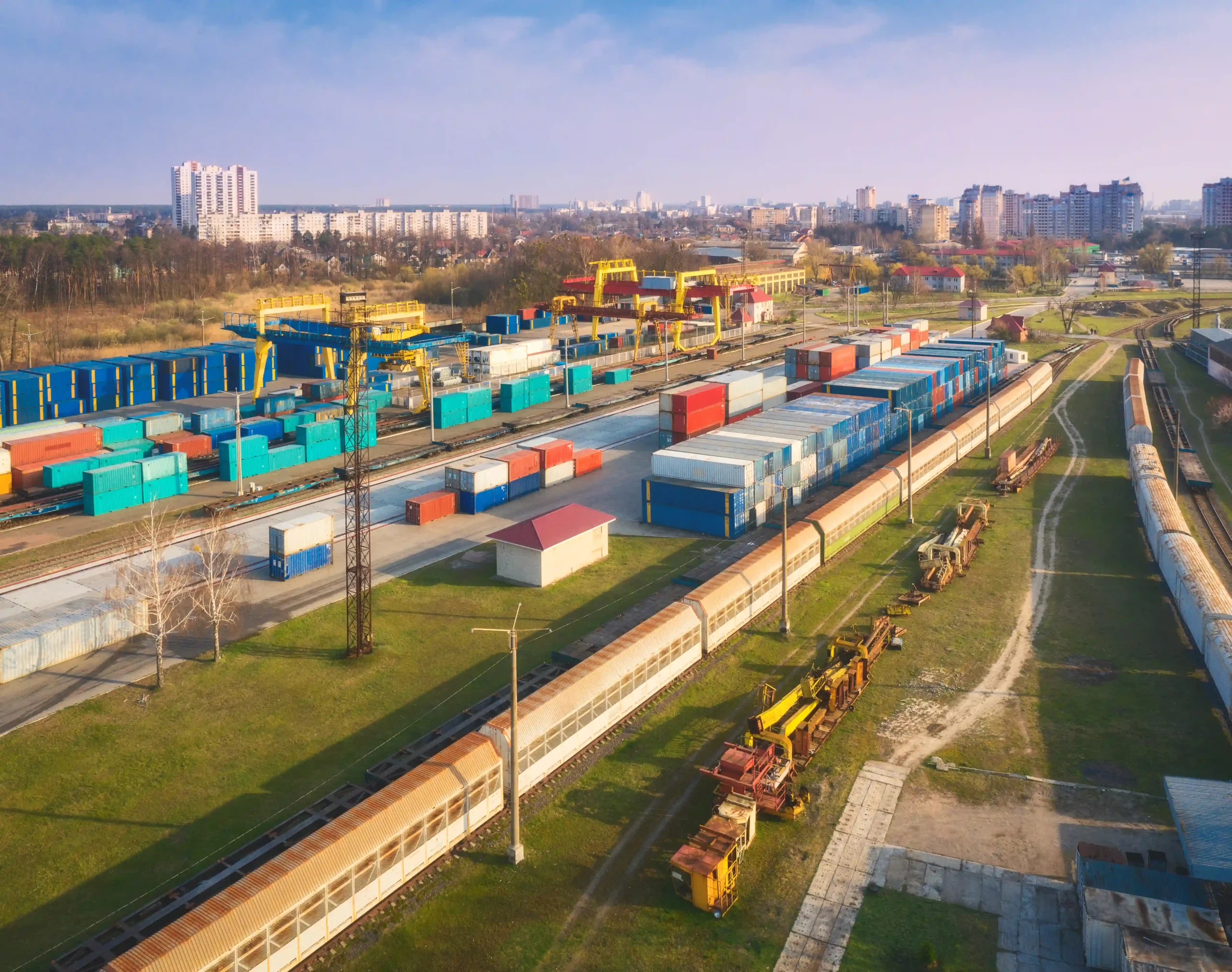 Aerial view of intermodal containers at a rail and shipping facility in the US economic zone