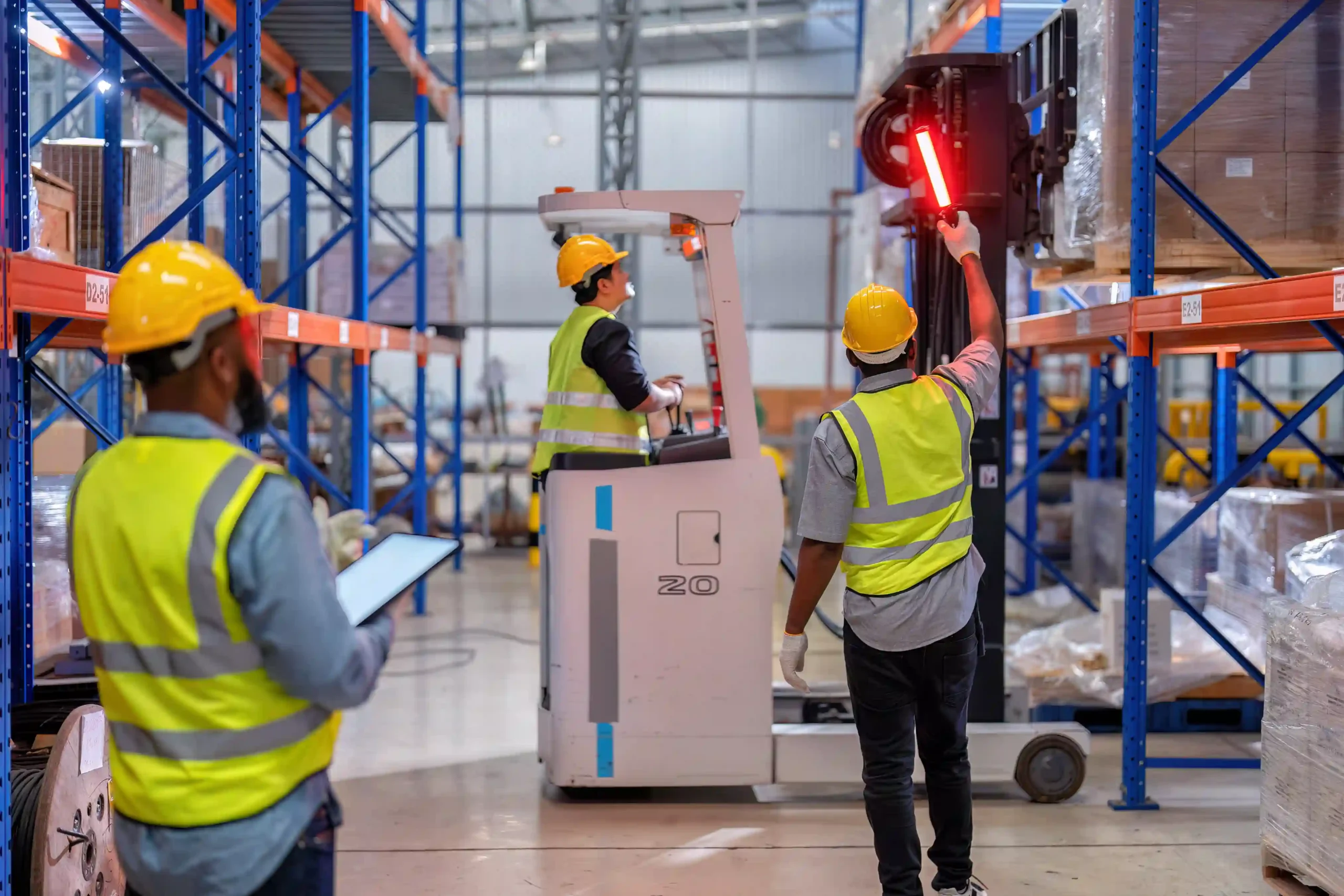 Warehouse employees coordinating forklift and warehouse pallet robots in racking aisle