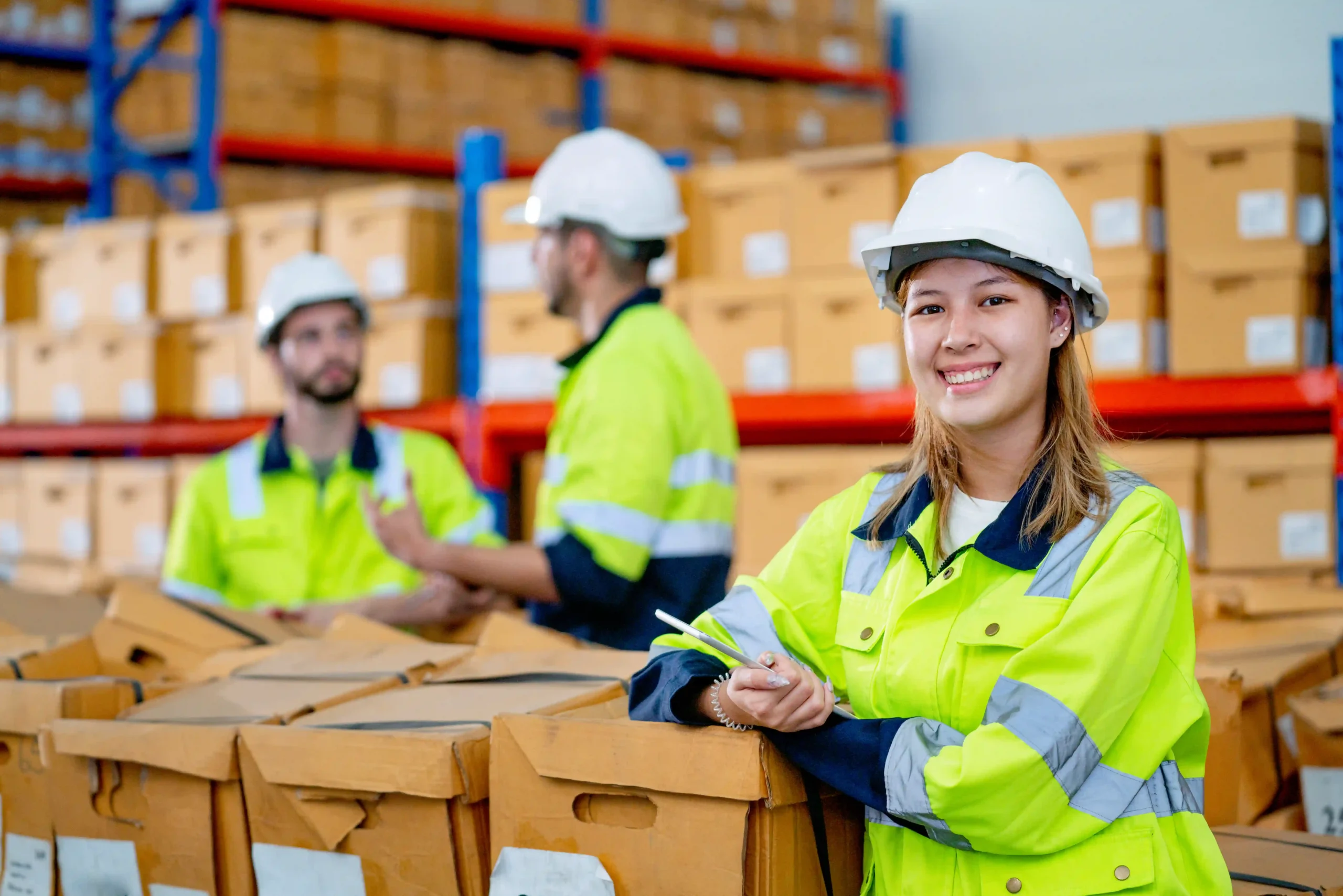 Warehouse worker smiling with confidence in third party logistics insurance coverage