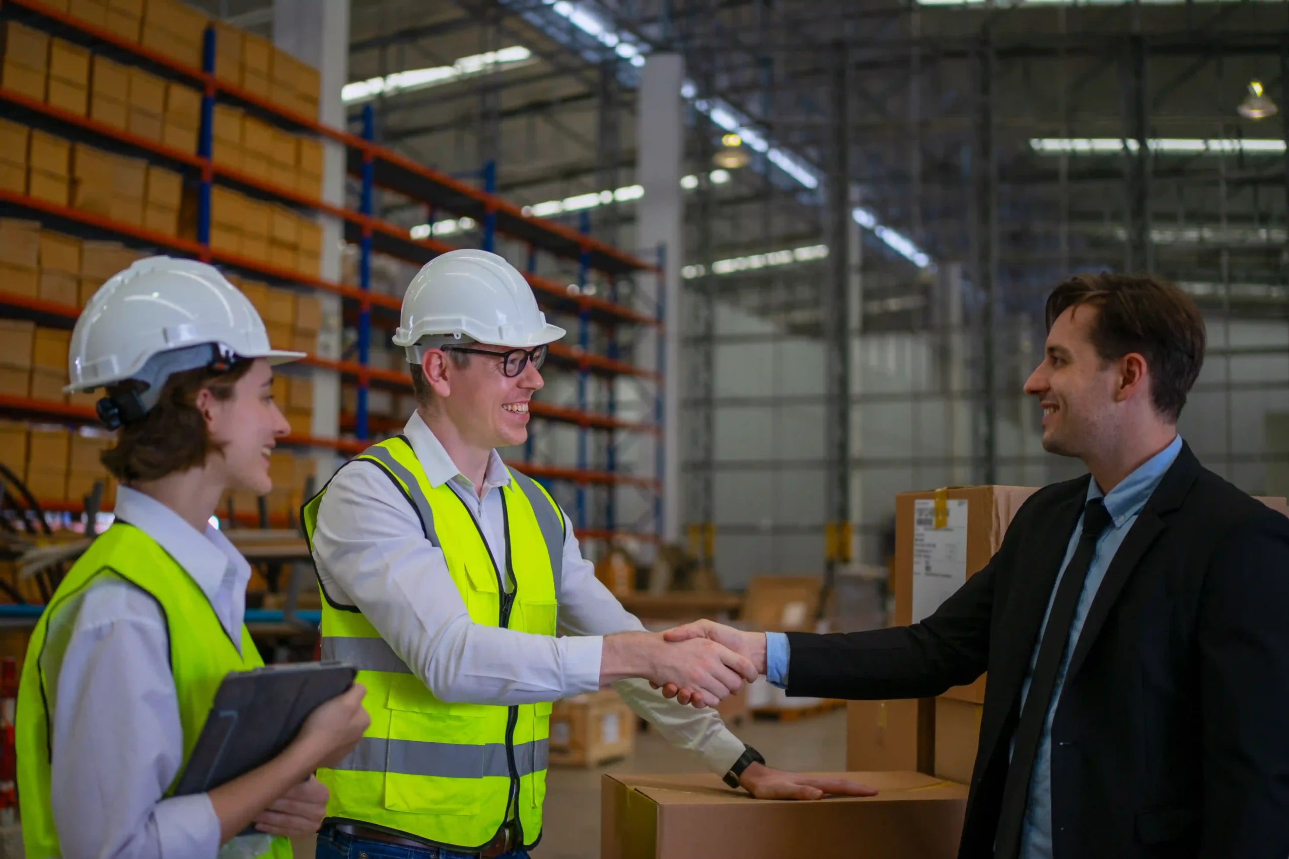 Logistics team and executive shaking hands while aligning on supply chain optimization strategies