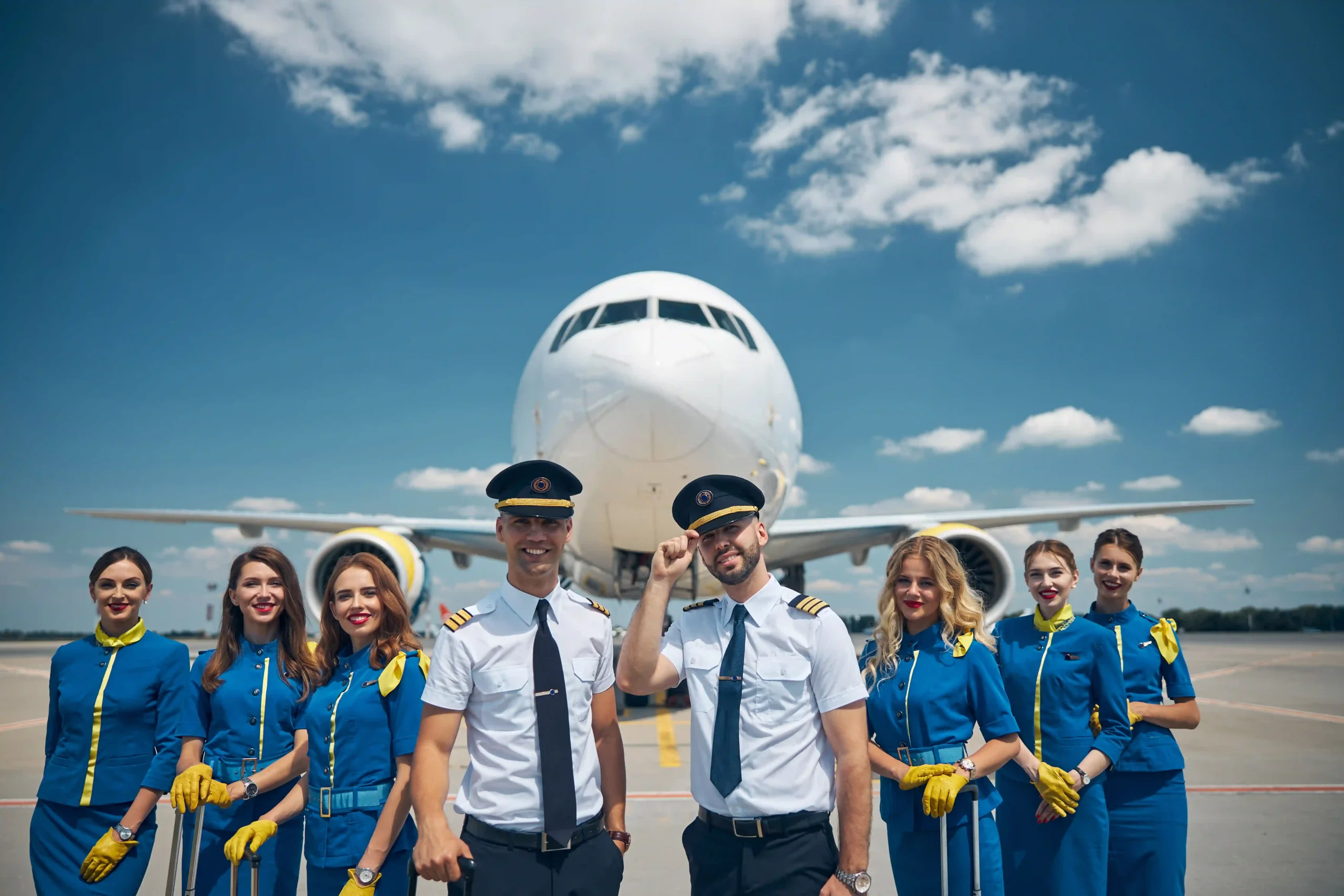 Airline crew posing in front of a jetliner, symbolizing global airline industry size growth.