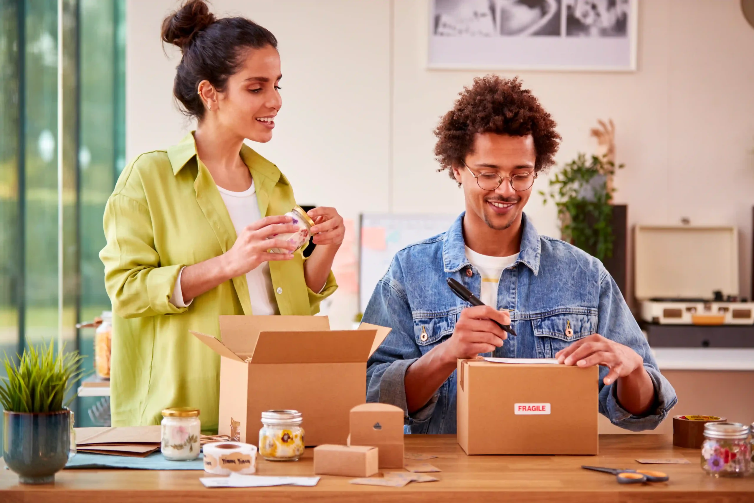 Couple packing handmade goods into boxes, preparing shipments as part of their ecommerce fulfillment workflow.