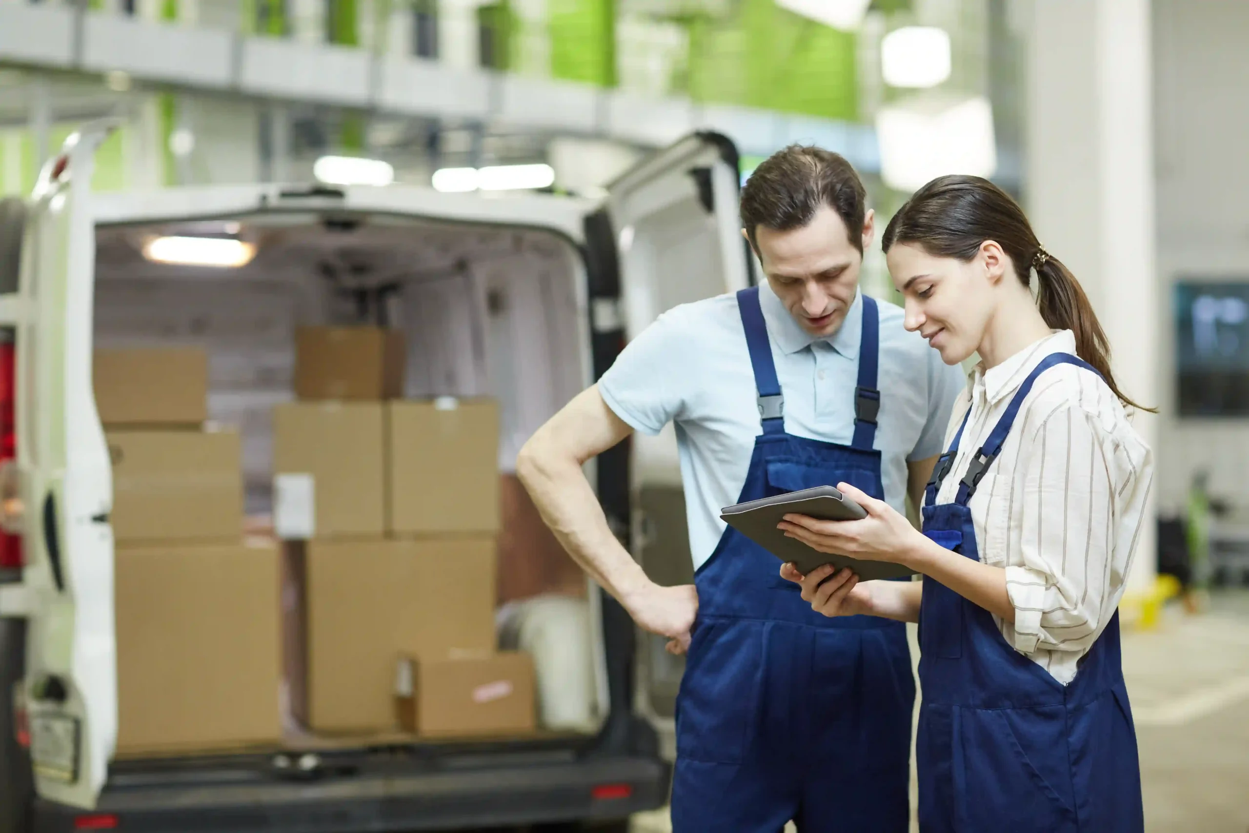 Delivery personnel reviewing shipping details on a tablet, highlighting the role of technology in optimizing various logistics management types.