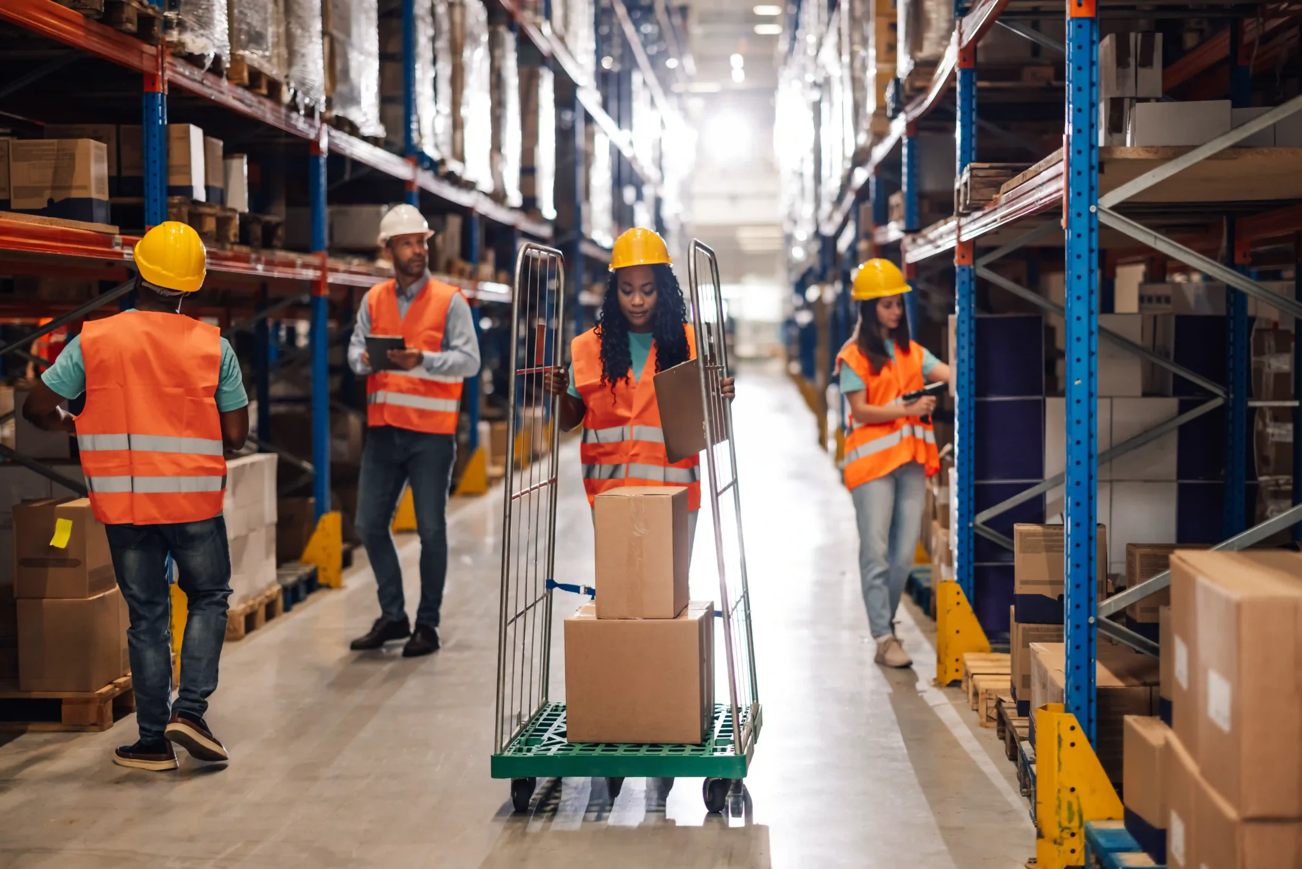 A diverse warehouse team in safety vests and helmets working collaboratively in a logistics facility to improve warehouse logistics optimization.