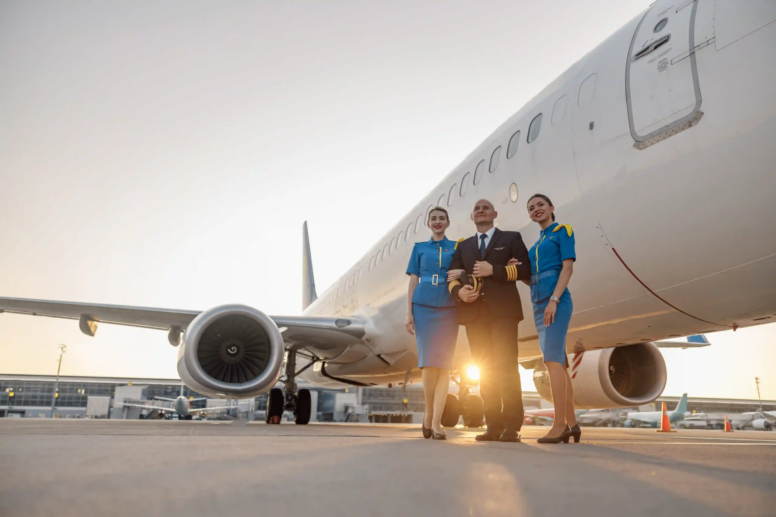 Airline crew standing in front of airplane, backed by aviation logistics companies for operational success