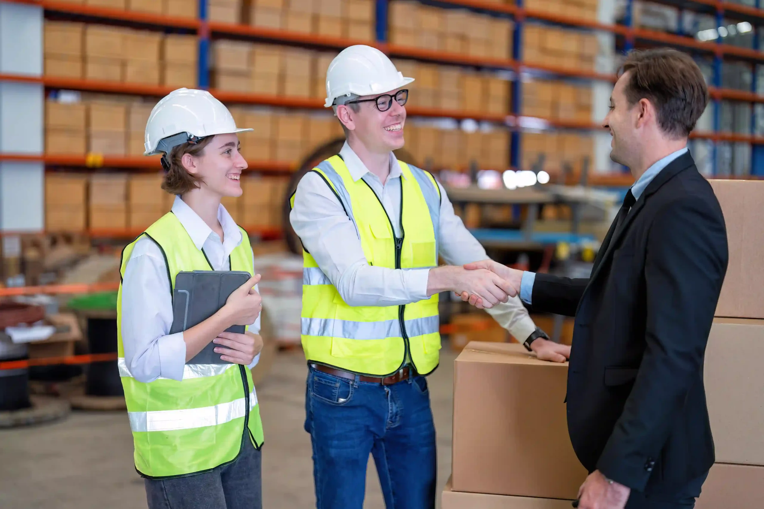 Logistics supervisors and warehouse workers shaking hands inside a storage facility, symbolizing teamwork and alignment across logistics management types.