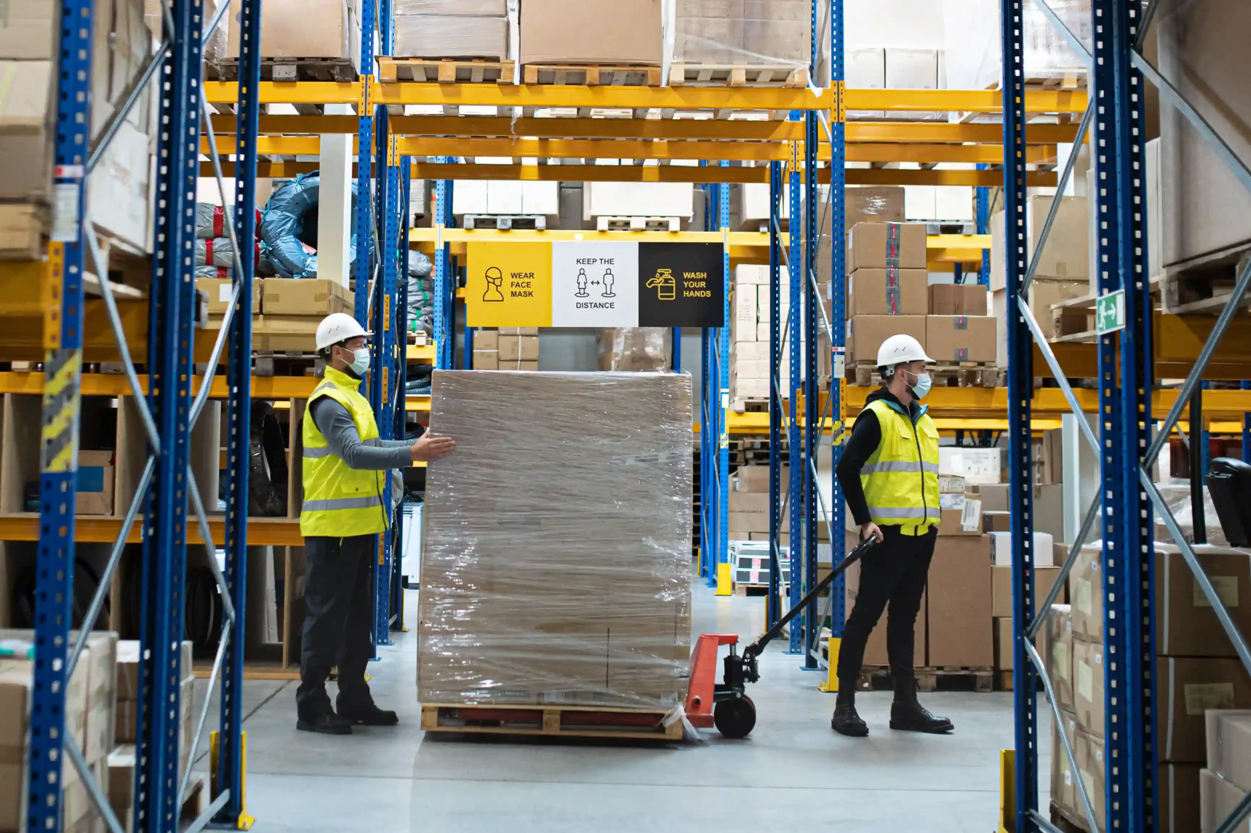 Workers securing a large pallet load with a warehouse pallet wrapper in a distribution center.