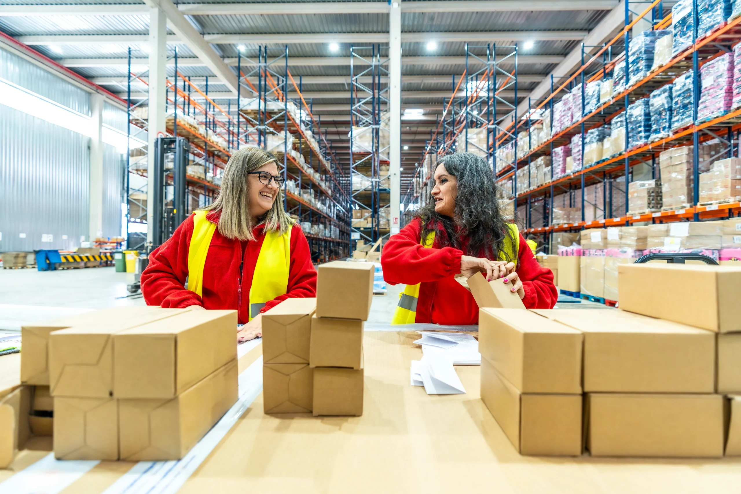 Warehouse workers preparing labeled shipments, a key part of trade compliance meaning in distribution.