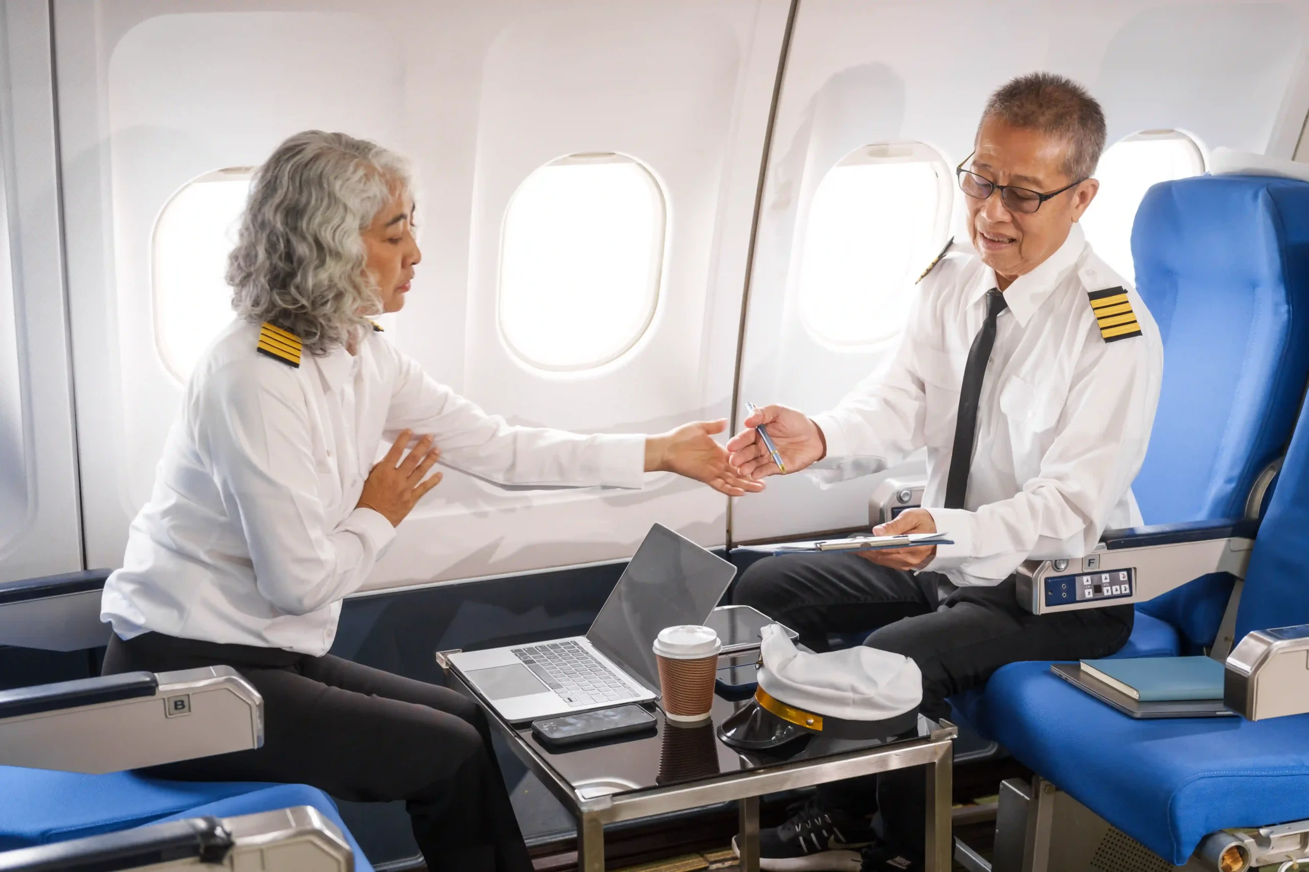 Pilots meeting mid-flight to review documentation and shipments managed by aviation logistics companies