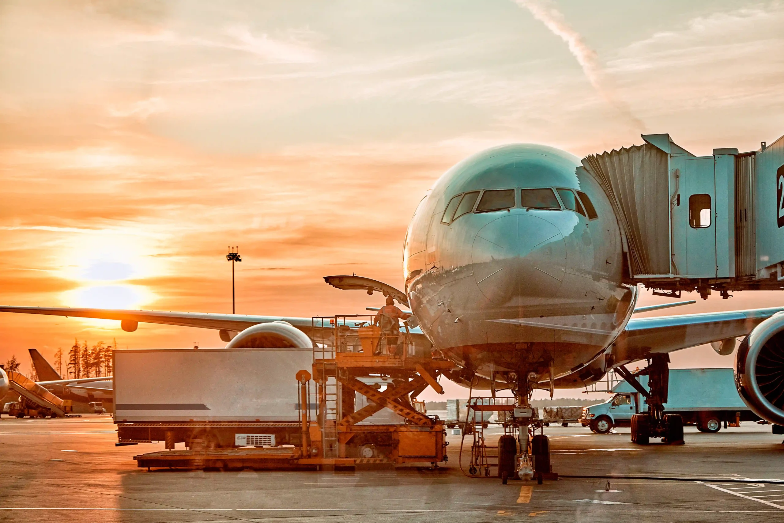 Commercial airplane parked at terminal gate during sunset, showing operational logistics in the airline industry description.