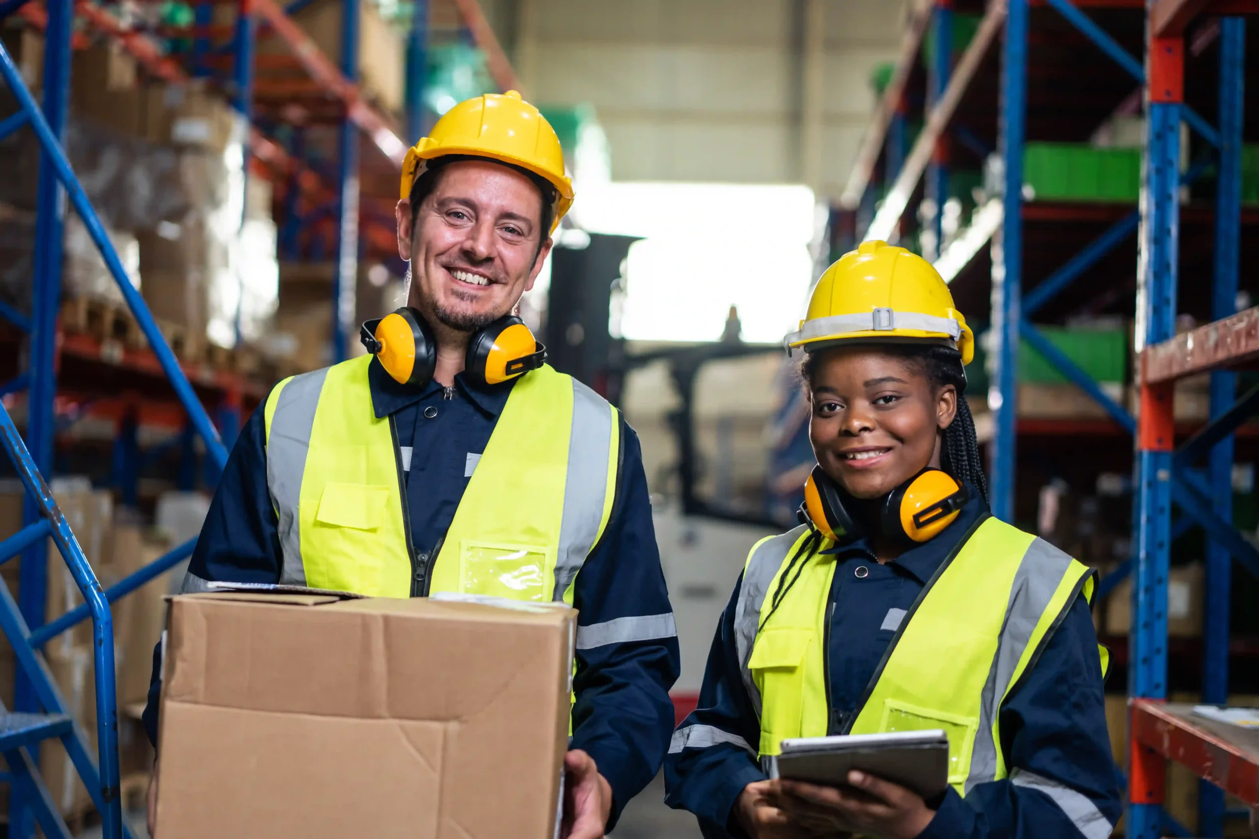 Two warehouse workers in protective gear smiling in a well-organized facility, representing workforce engagement in warehouse logistics optimization.
