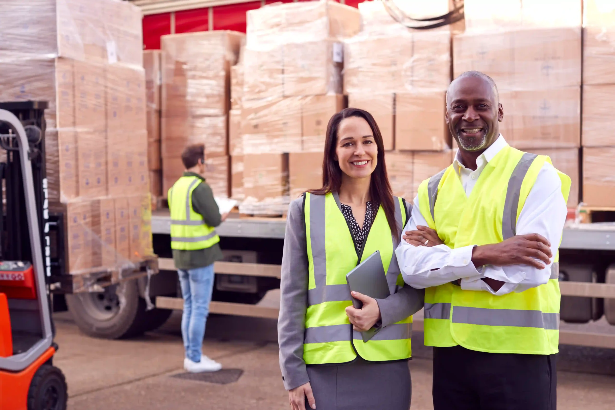 Warehouse logistics managers optimizing workflows using warehouse pallet robots