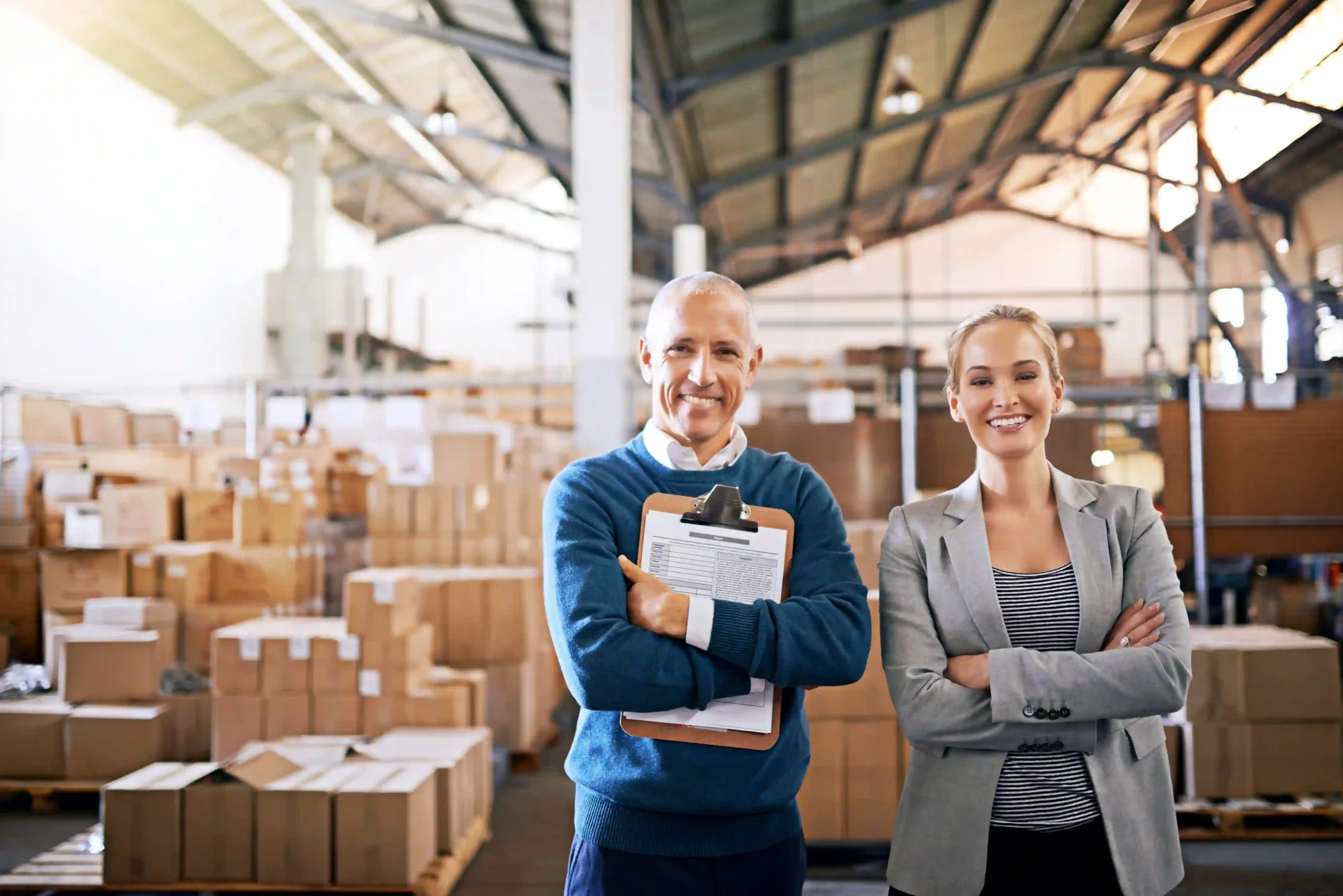 Two warehouse managers standing confidently in a distribution center after implementing a successful warehouse logistics optimization strategy.