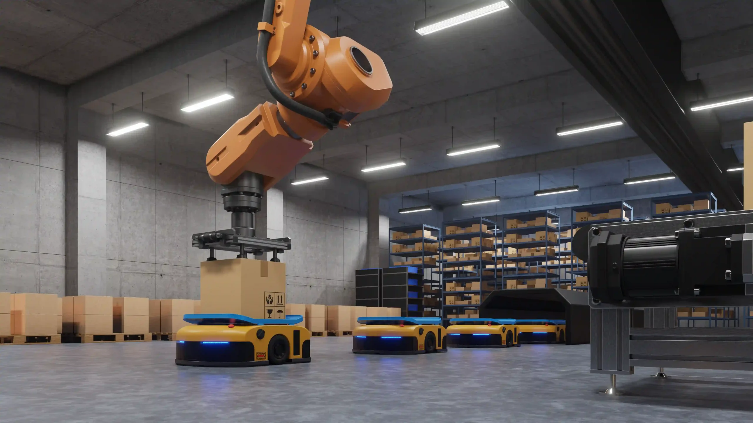 Robotic arm operating warehouse pallet robots to transport boxes autonomously