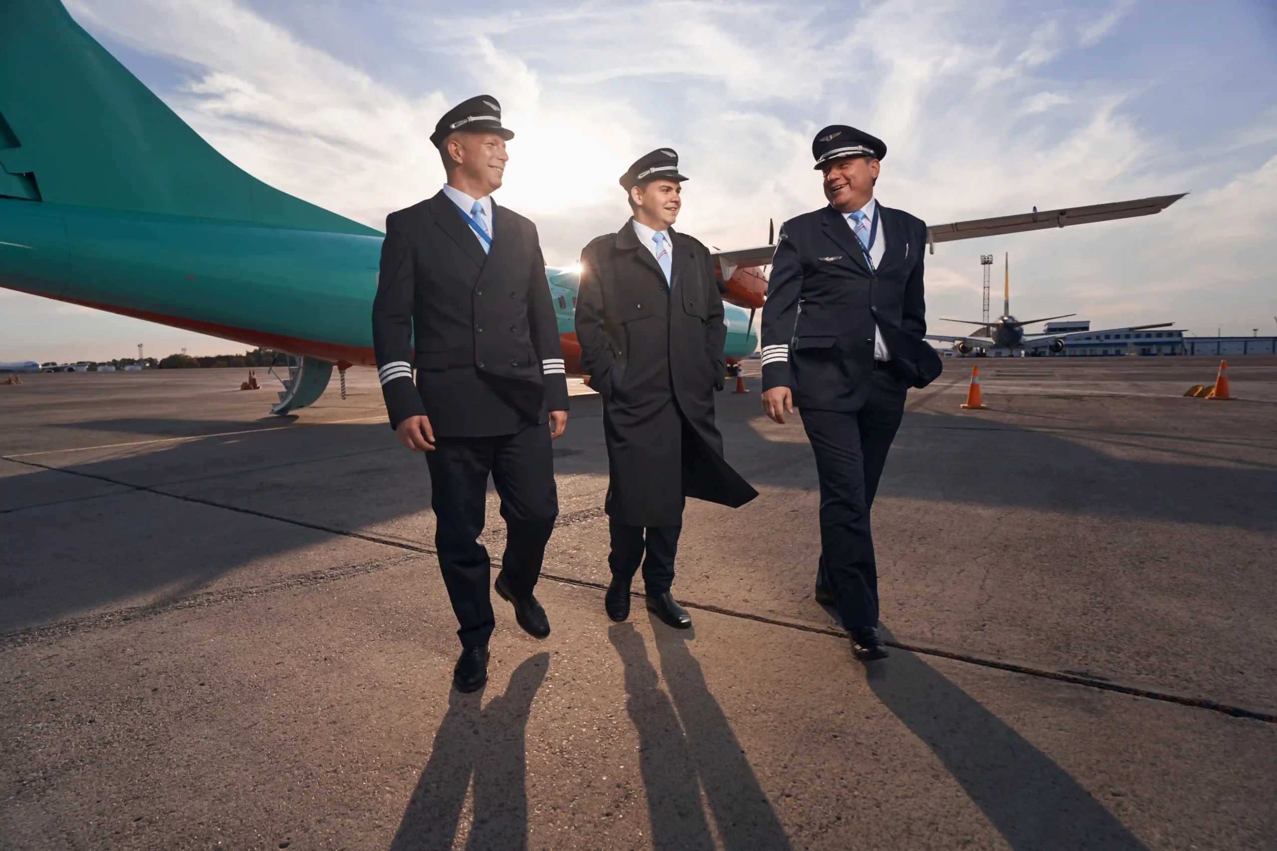 Group of commercial pilots walking on the runway, illustrating teamwork and the human side of airline industry growth rate.