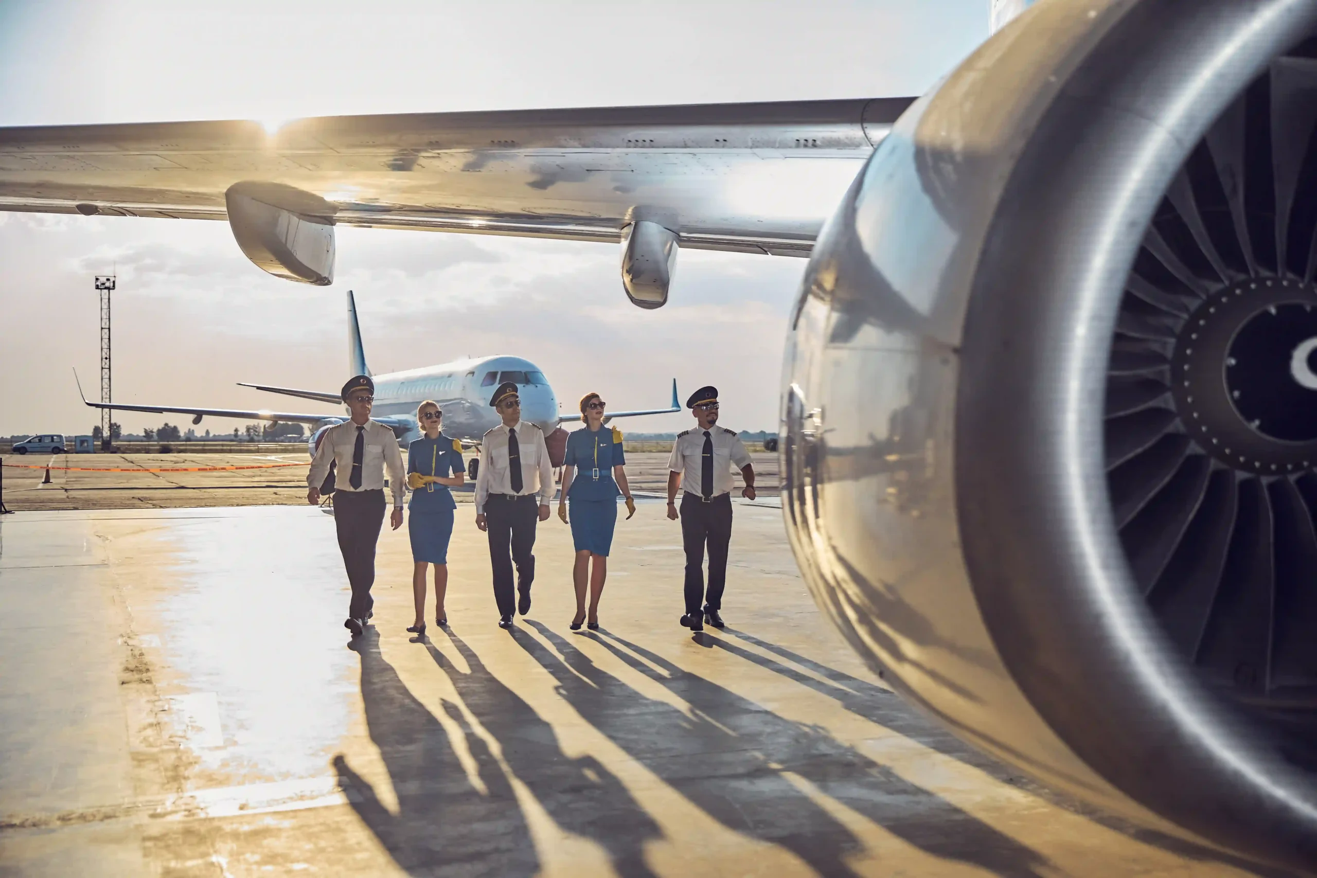 Pilots and flight attendants walking together beneath an aircraft wing, highlighting workforce roles in the airline industry description.