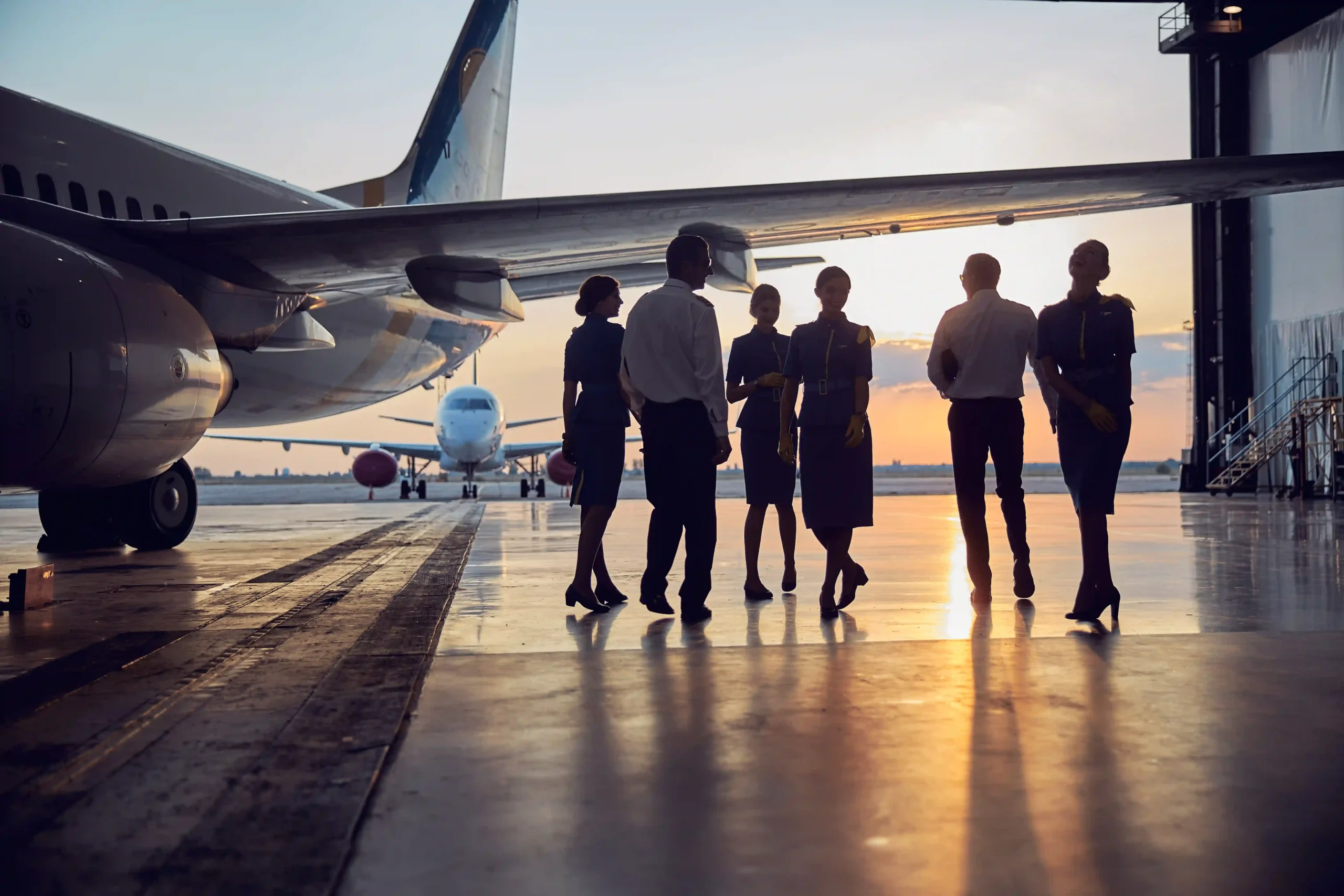 Silhouetted ground crew and airline staff near airplane in hangar, representing support operations in the airline industry description.