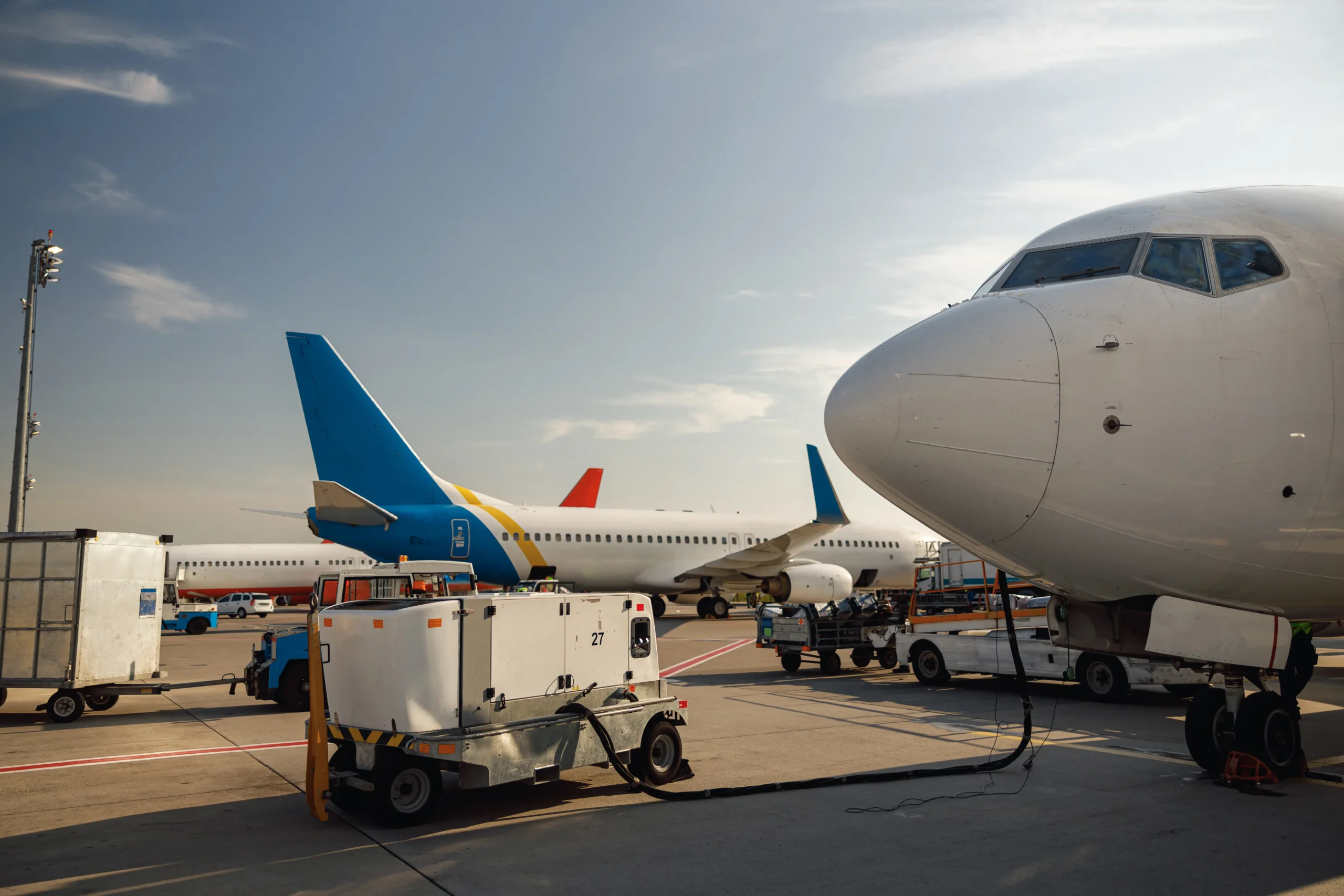 White aircraft undergoing refueling and equipment loading at airport for air transportation logistics