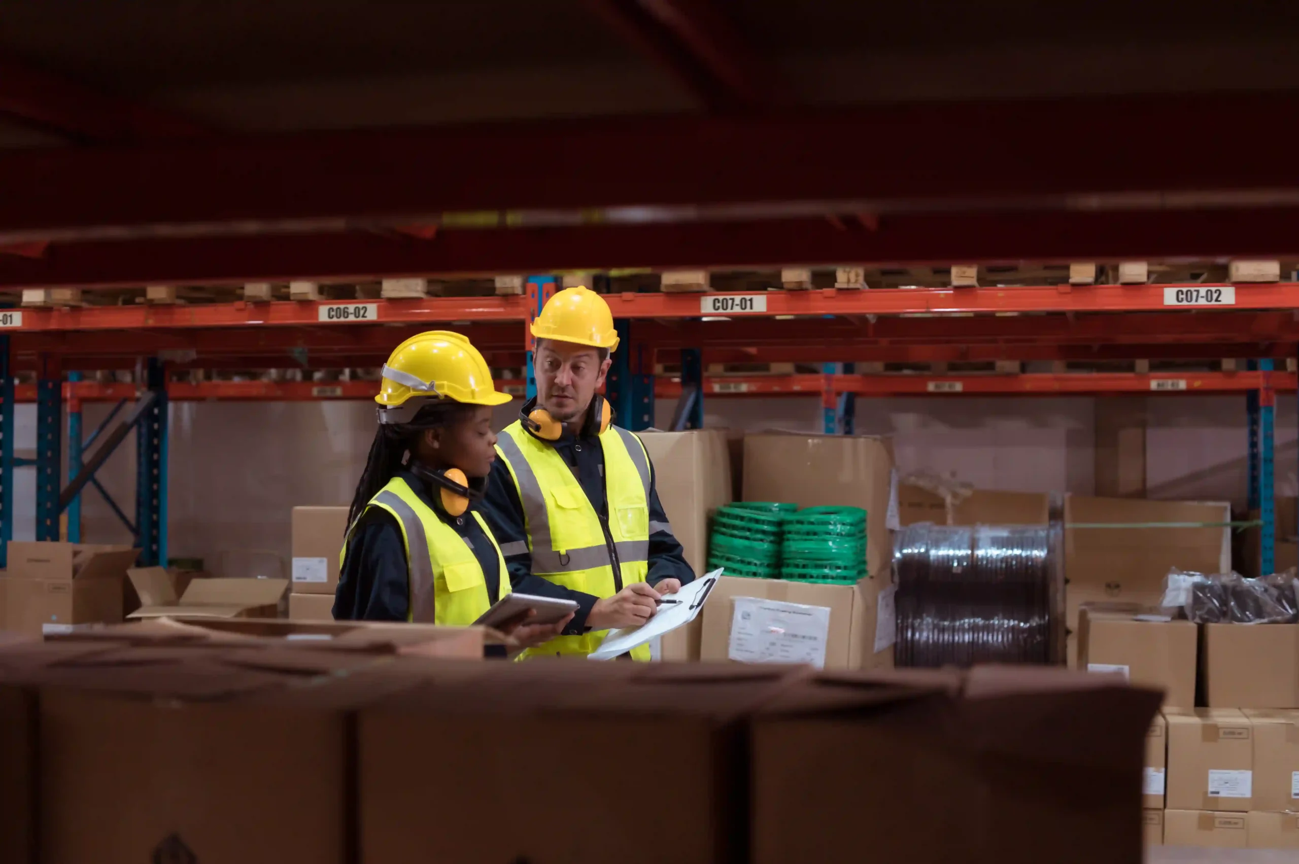 Warehouse foreman and employee reviewing inventory stock for better warehouse management experience.