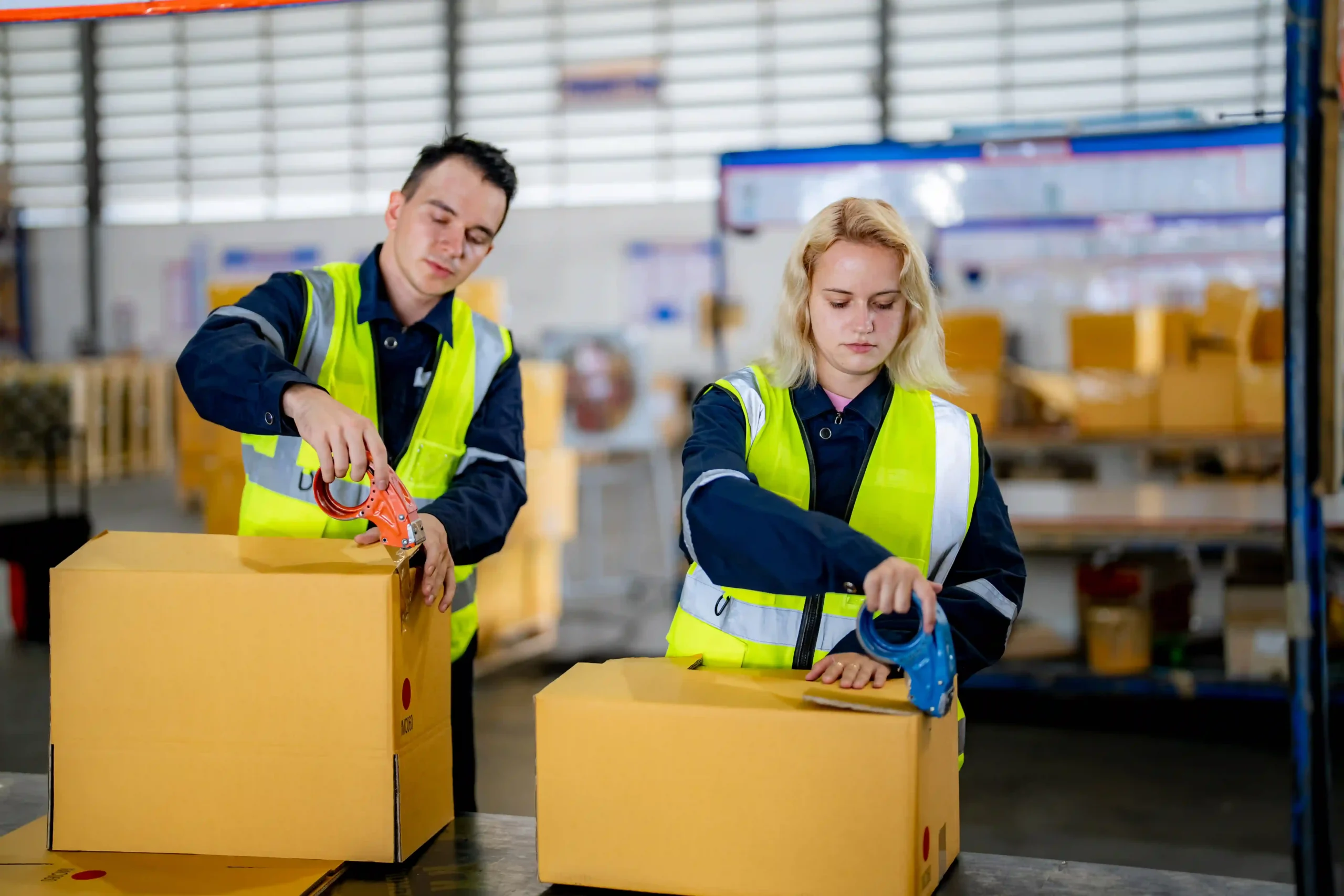 Logistics staff sealing cardboard boxes for outbound delivery using logistics tracking services.