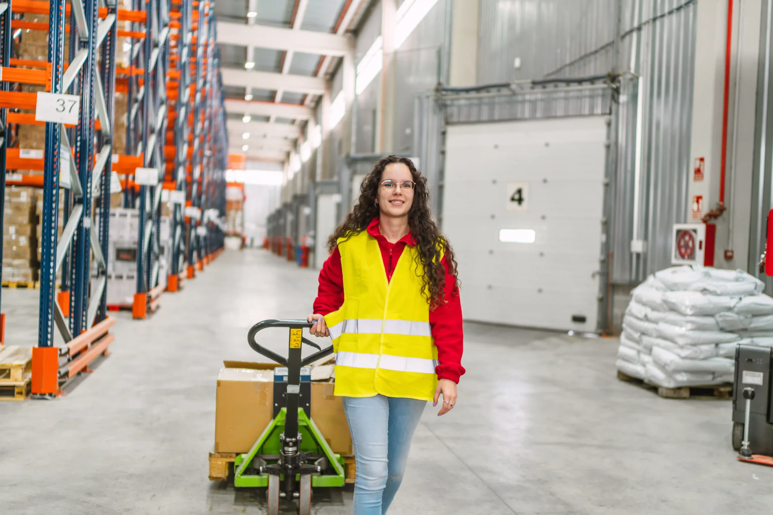Young female warehouse worker transporting goods on a pallet jack, demonstrating inbound logistics management types in a distribution center.