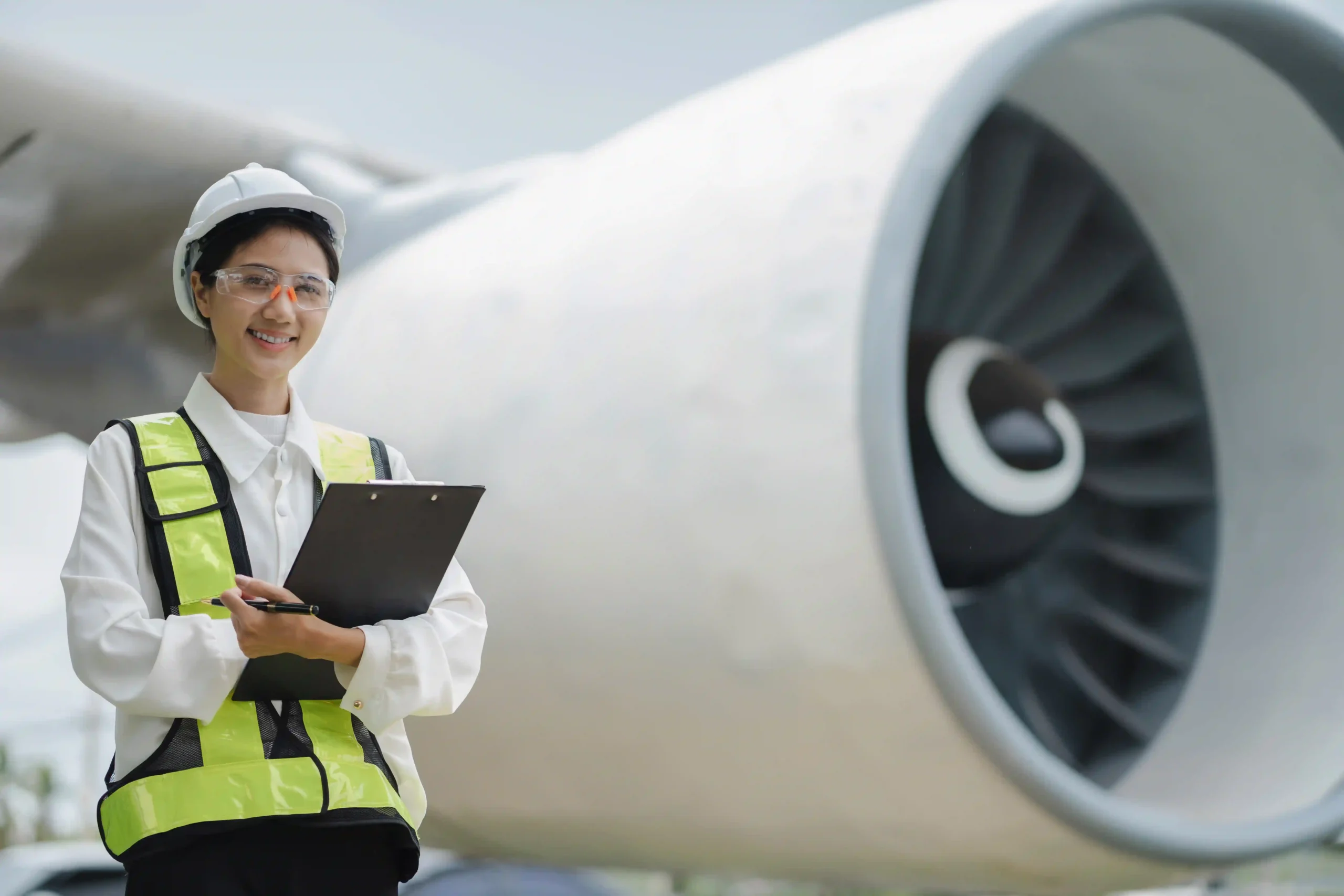Female aviation engineer inspecting jet engine, highlighting technology’s role in the airline industry growth rate.