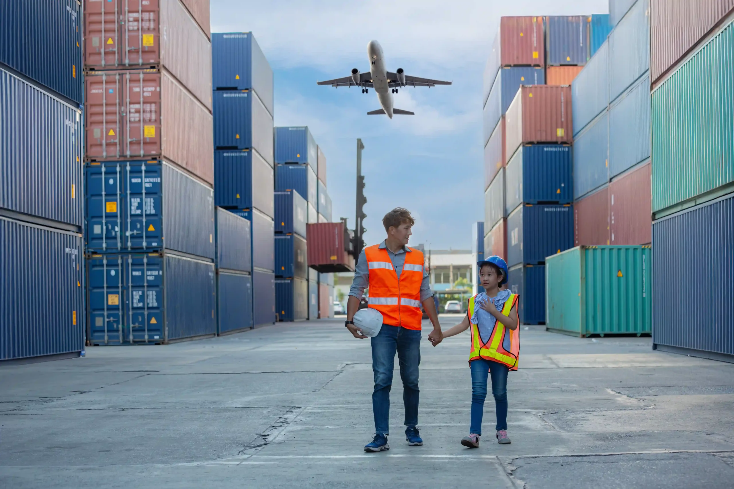 Logistics workers walking between FTZ containers with airplane overhead, symbolizing FTZ logistics and family business