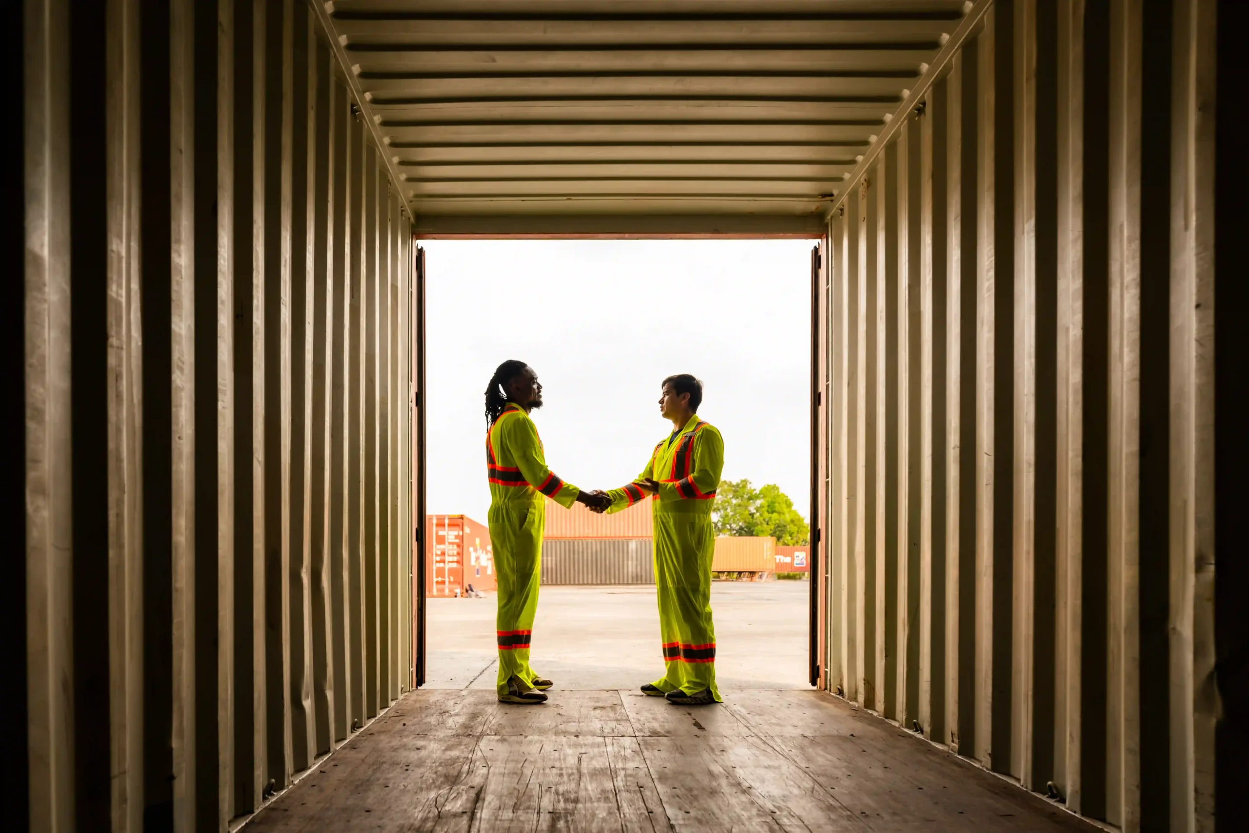 Team unloading packages from a shipping container in a 3pl logistics process warehouse