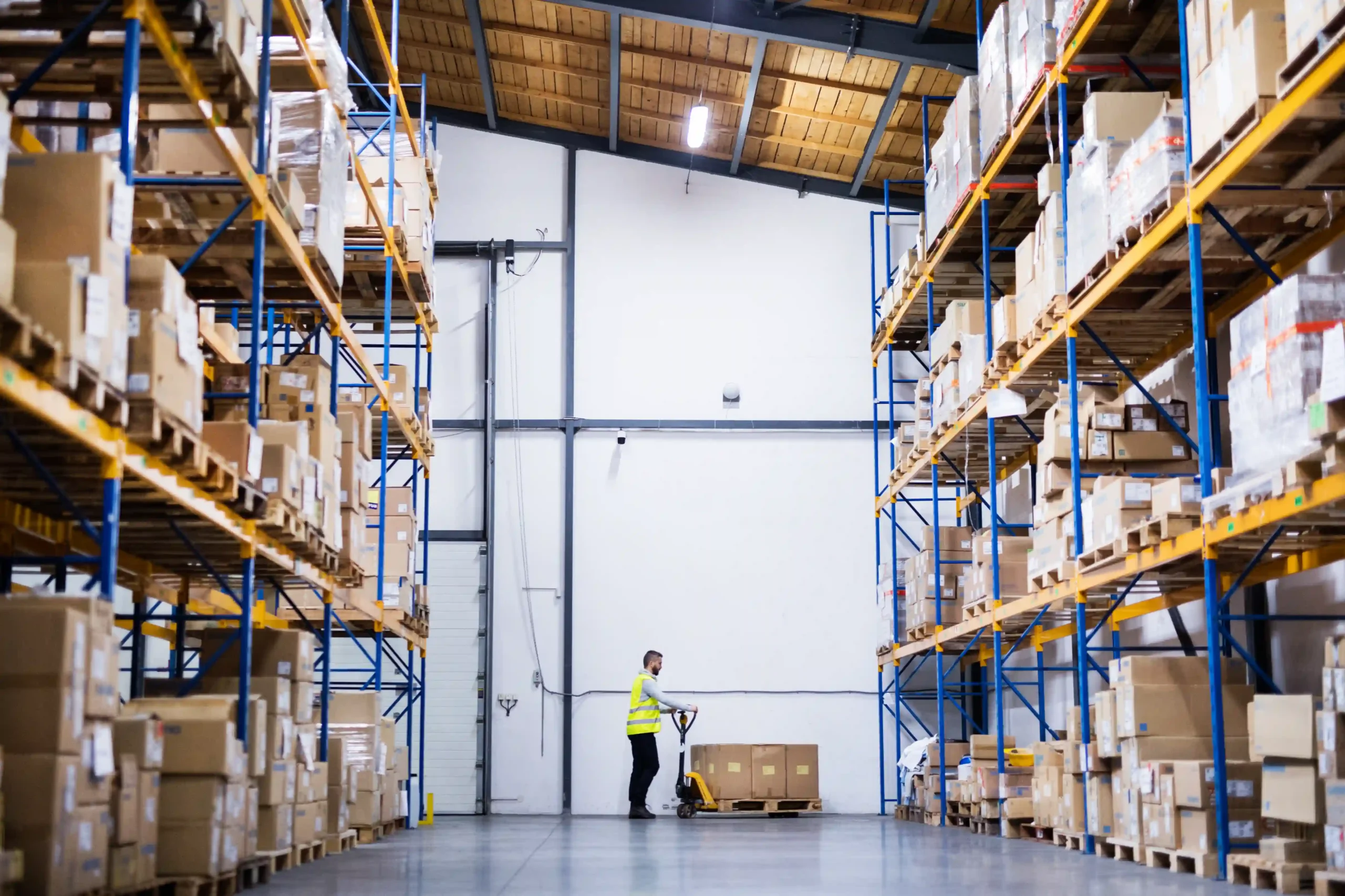 Warehouse worker moving pallet as part of 3PL warehouse automation system