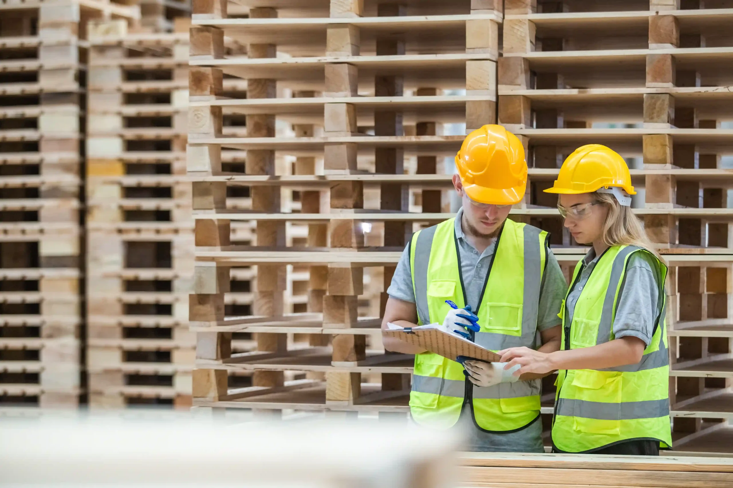 Team members preparing wooden pallets for shipping during pallet transport jobs.