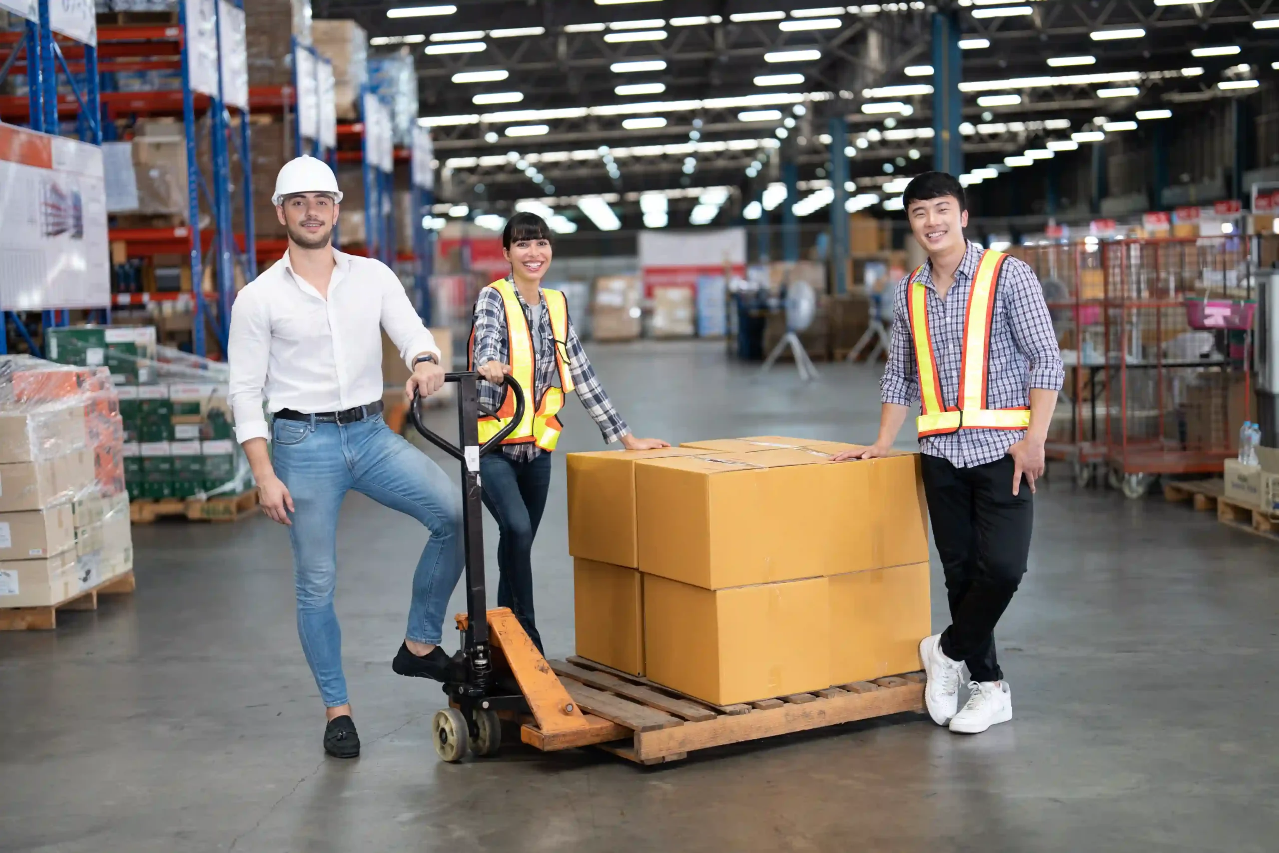 Logistics team standing with packed boxes in a warehouse, showing a typical day in 3PL explained environments